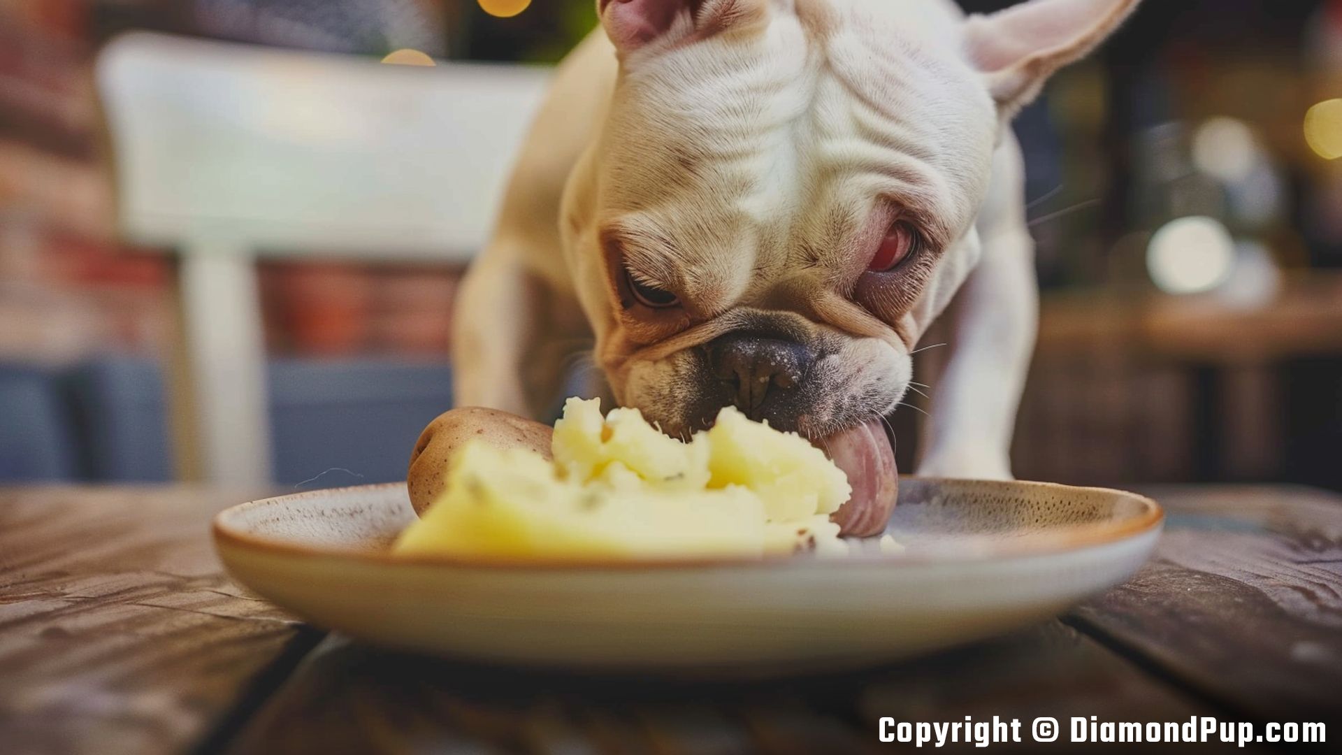 Image of a Playful French Bulldog Snacking on Potato