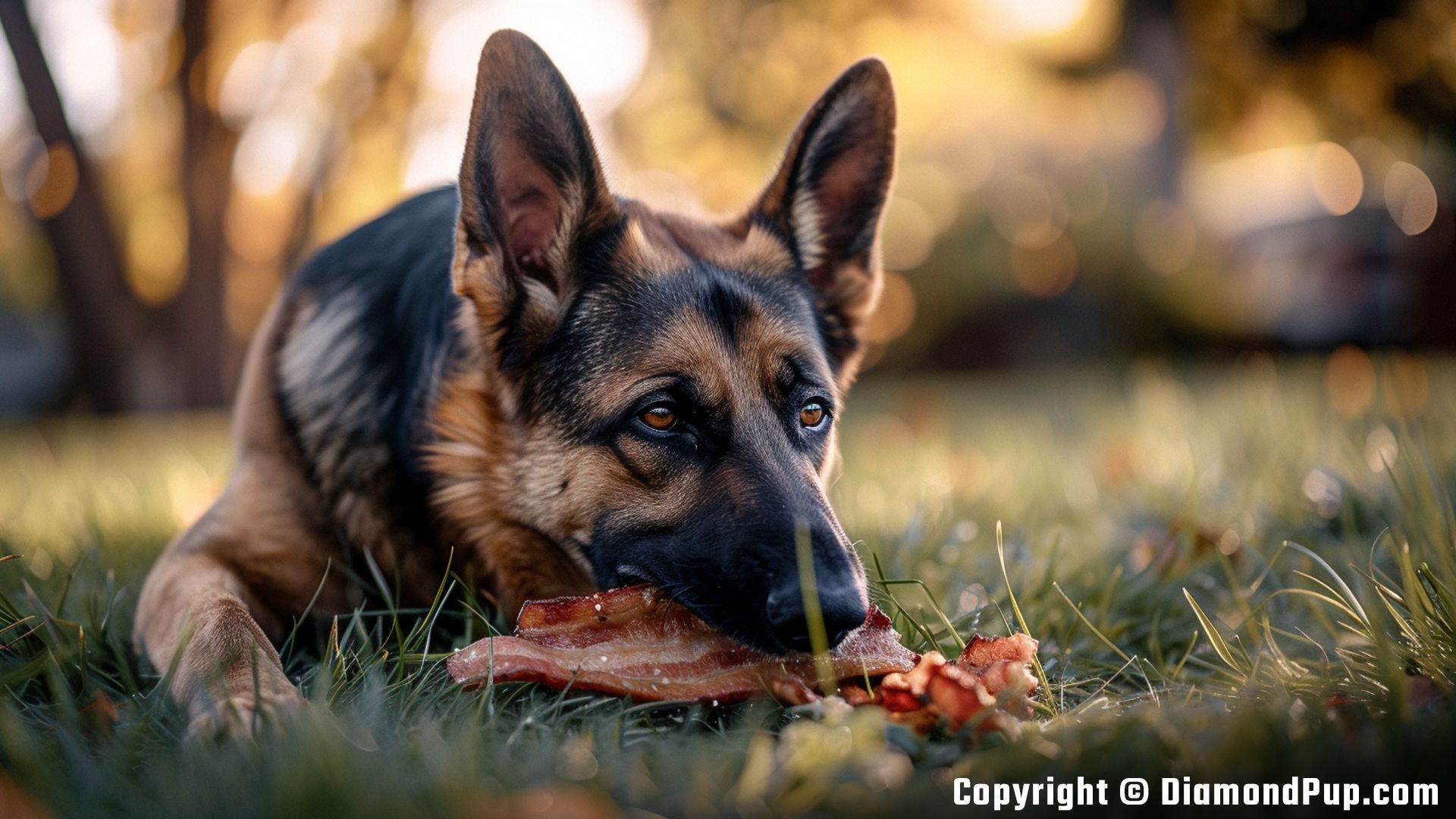 Image of a Playful German Shepherd Eating Bacon