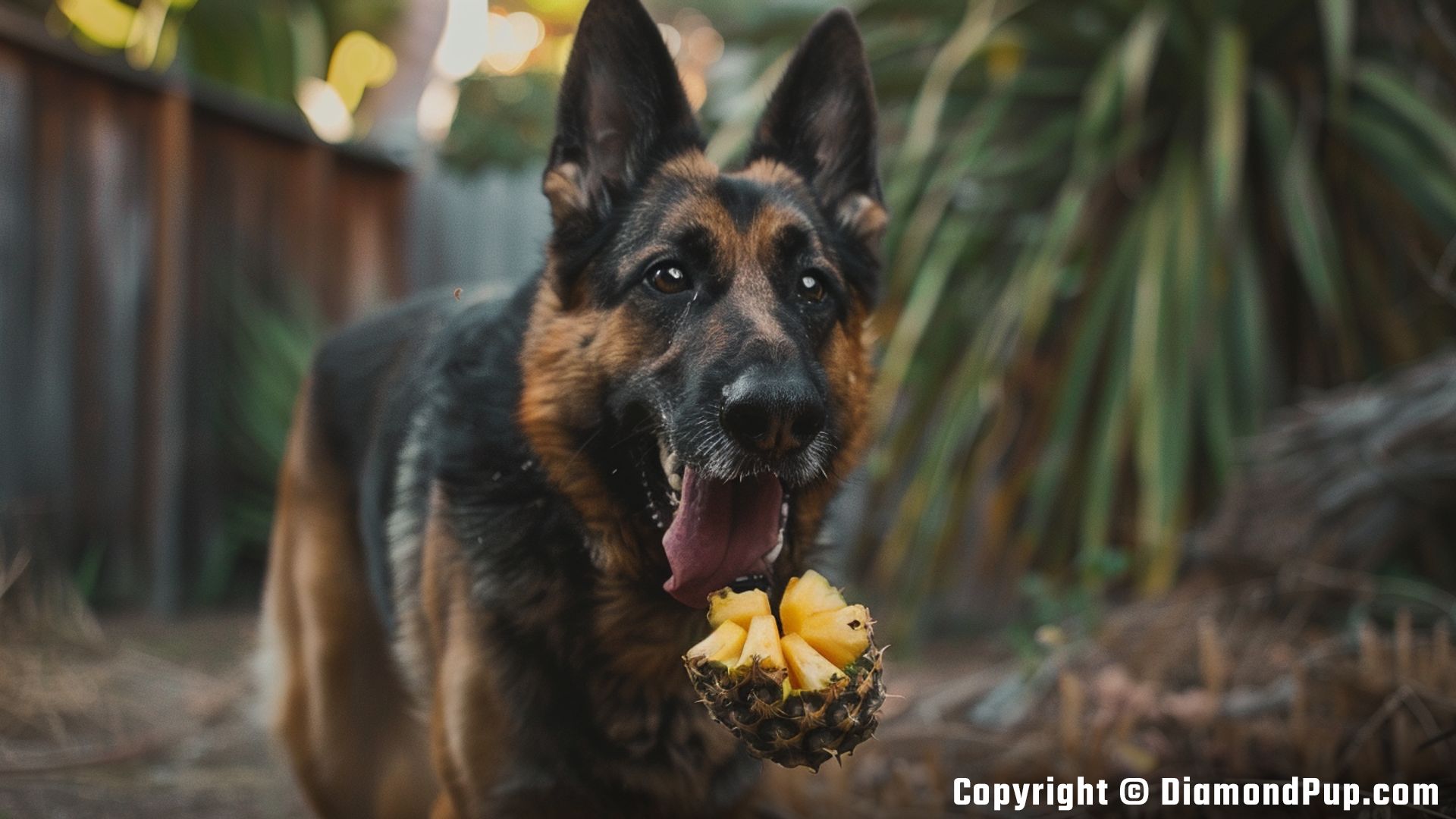 Image of a Playful German Shepherd Eating Pineapple