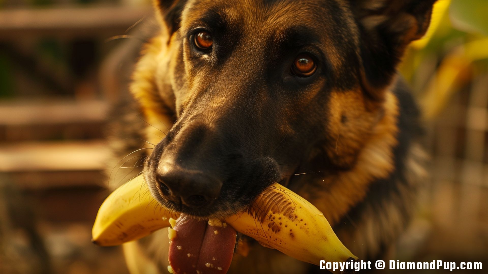 Image of a Playful German Shepherd Snacking on Banana