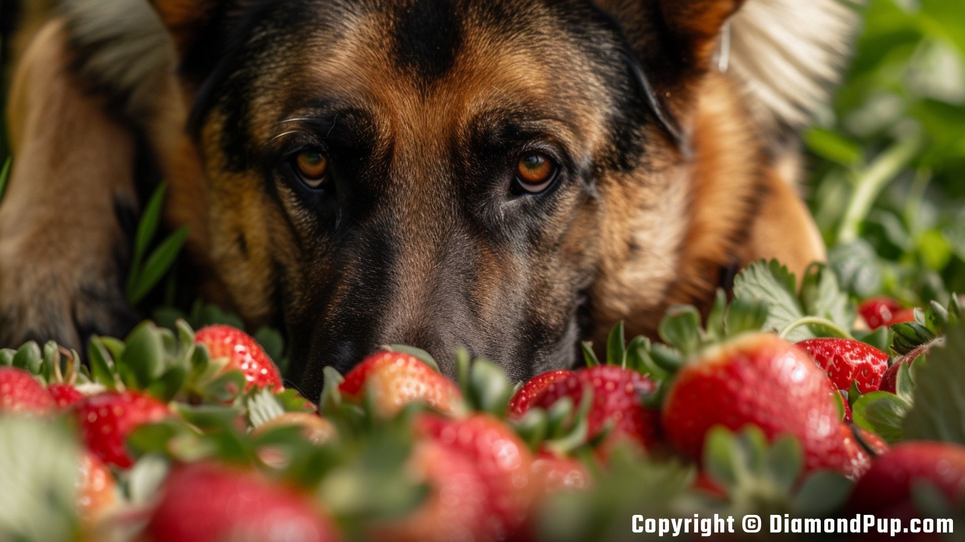Image of a Playful German Shepherd Snacking on Strawberries