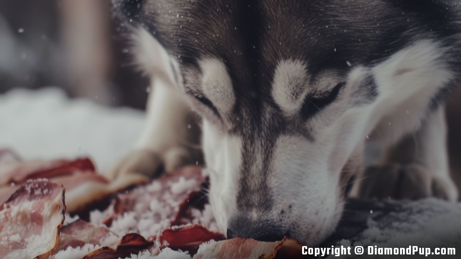 Image of a Playful Husky Eating Bacon