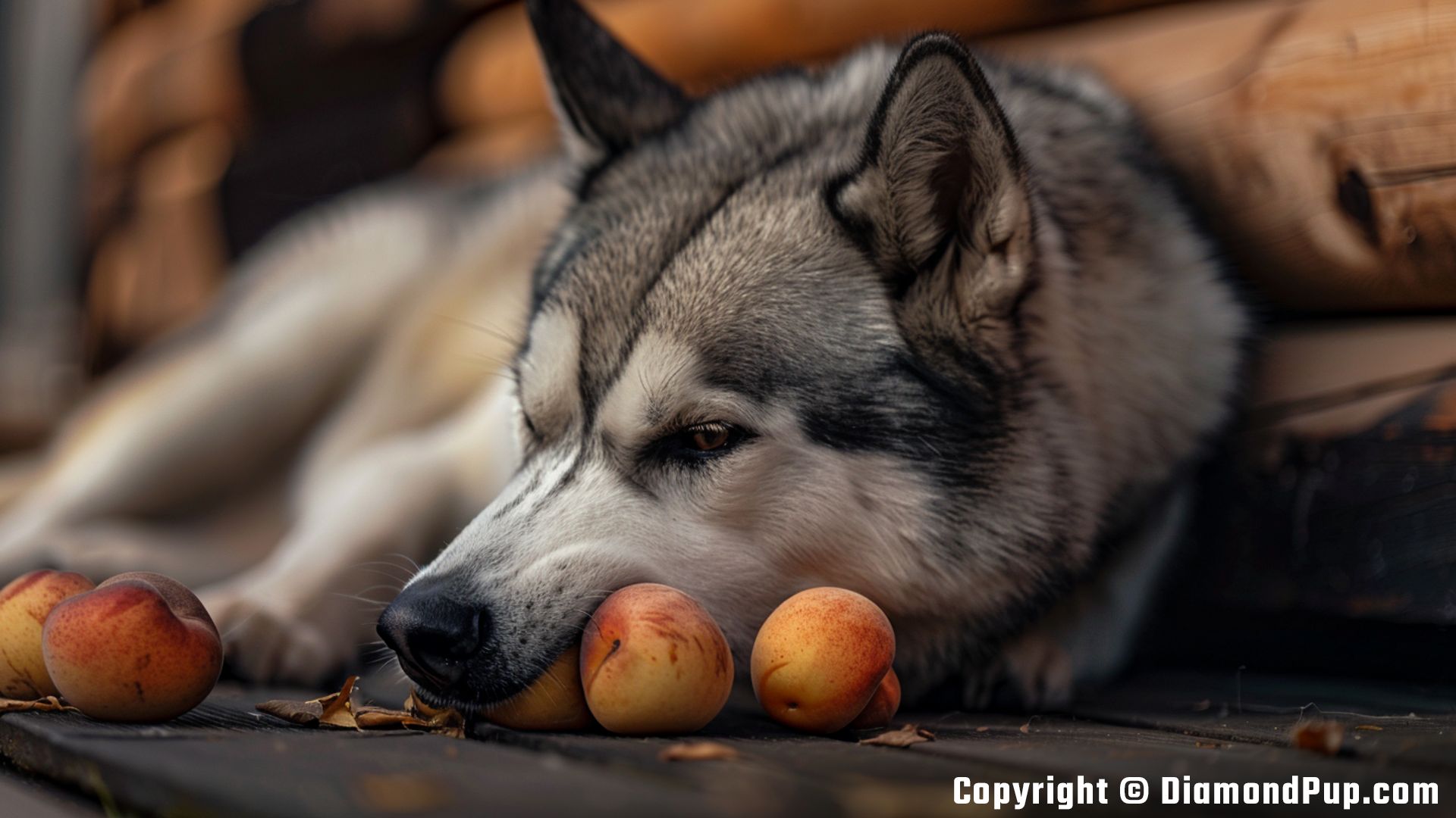 Image of a Playful Husky Eating Peaches