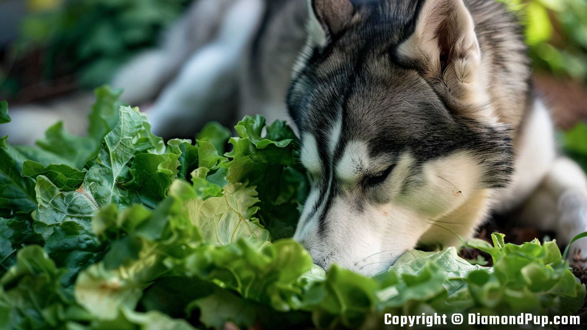 Image of a Playful Husky Snacking on Lettuce