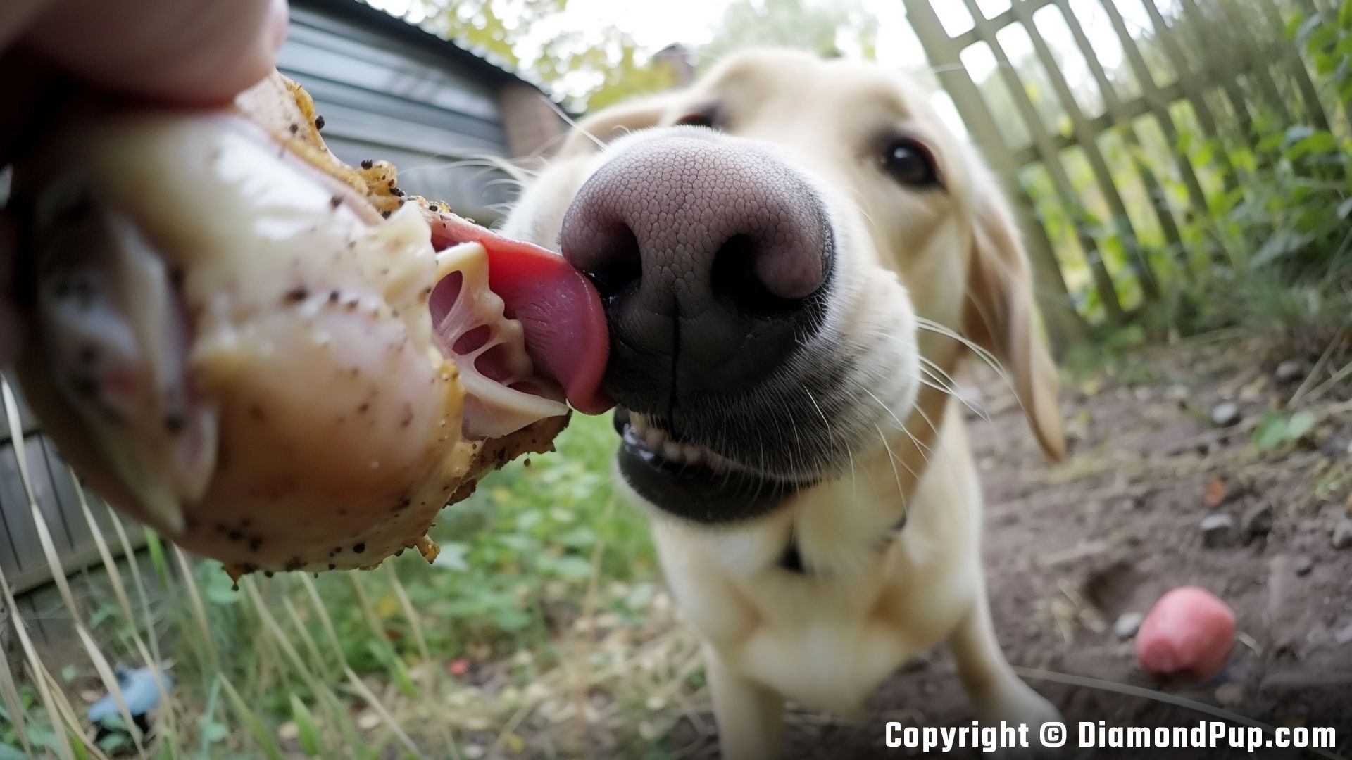 Image of a Playful Labrador Eating Chicken
