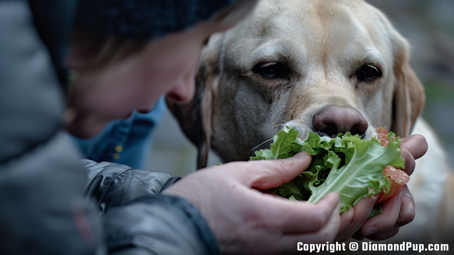 Image of a Playful Labrador Eating Lettuce