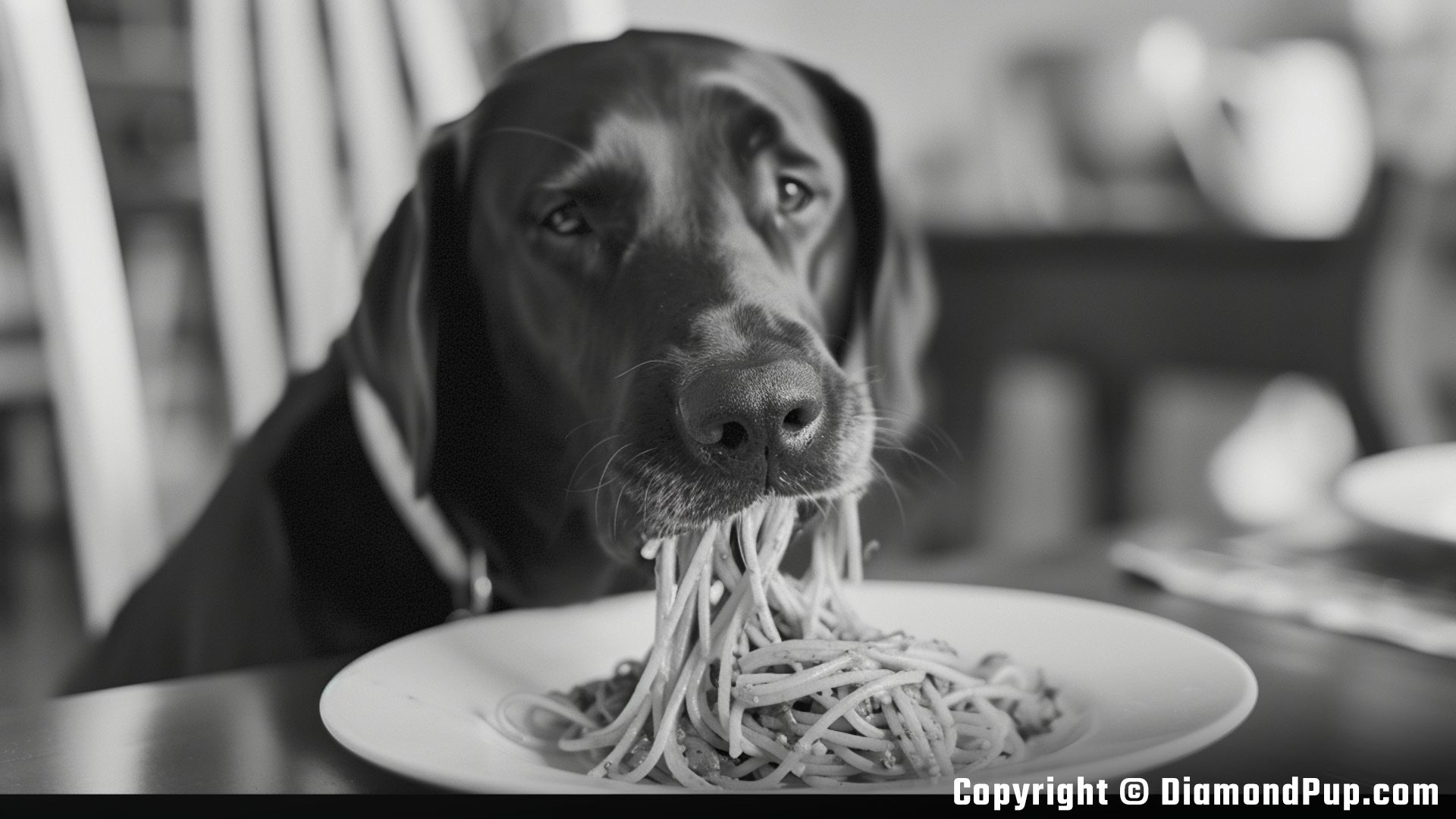 Image of a Playful Labrador Eating Pasta