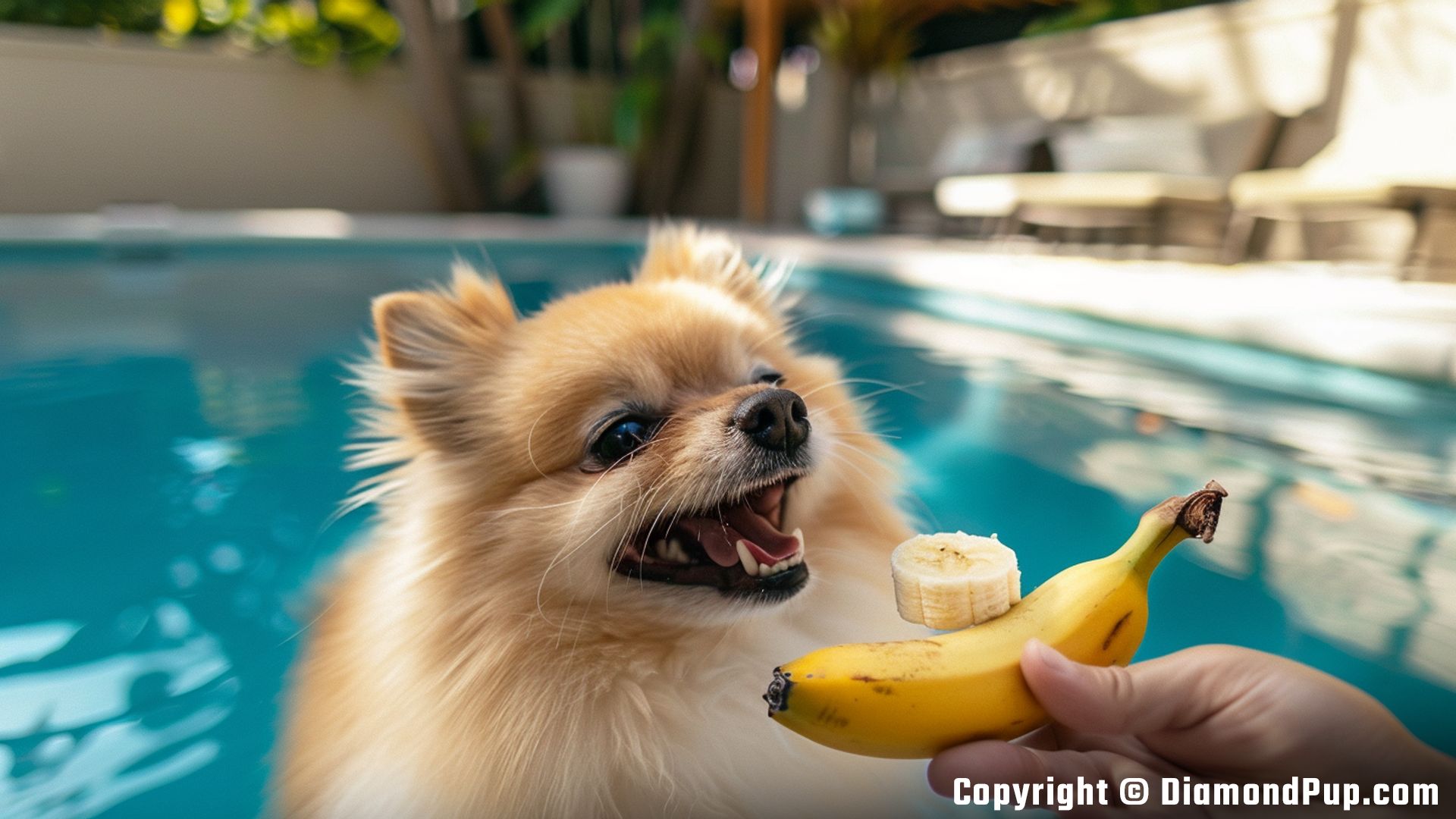 Image of a Playful Pomeranian Eating Banana