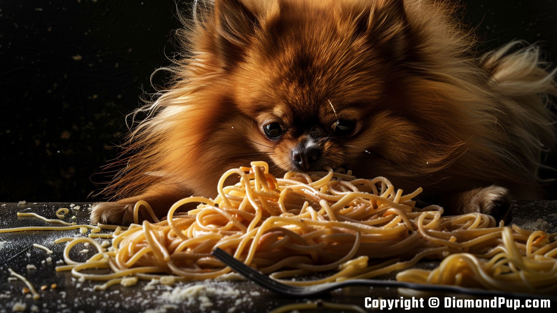 Image of a Playful Pomeranian Eating Pasta