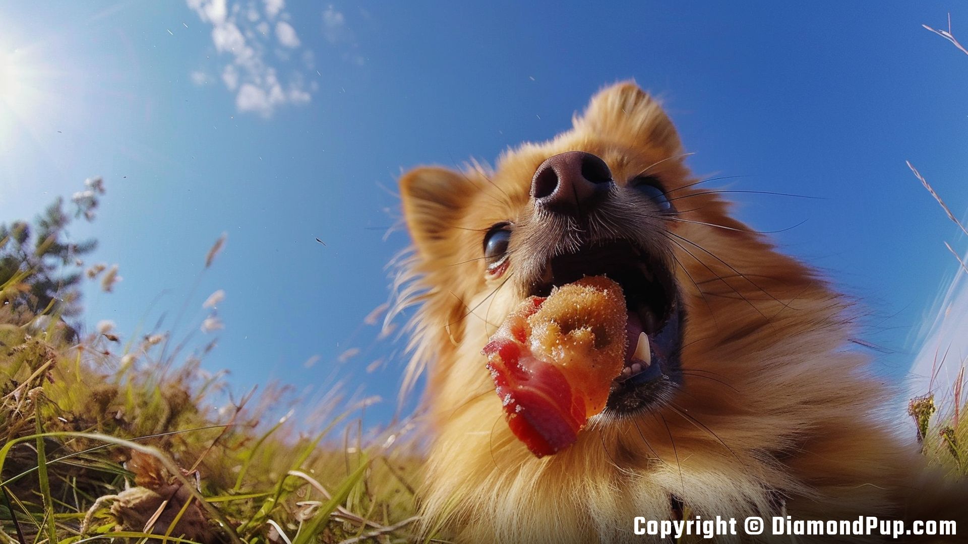 Image of a Playful Pomeranian Snacking on Bacon