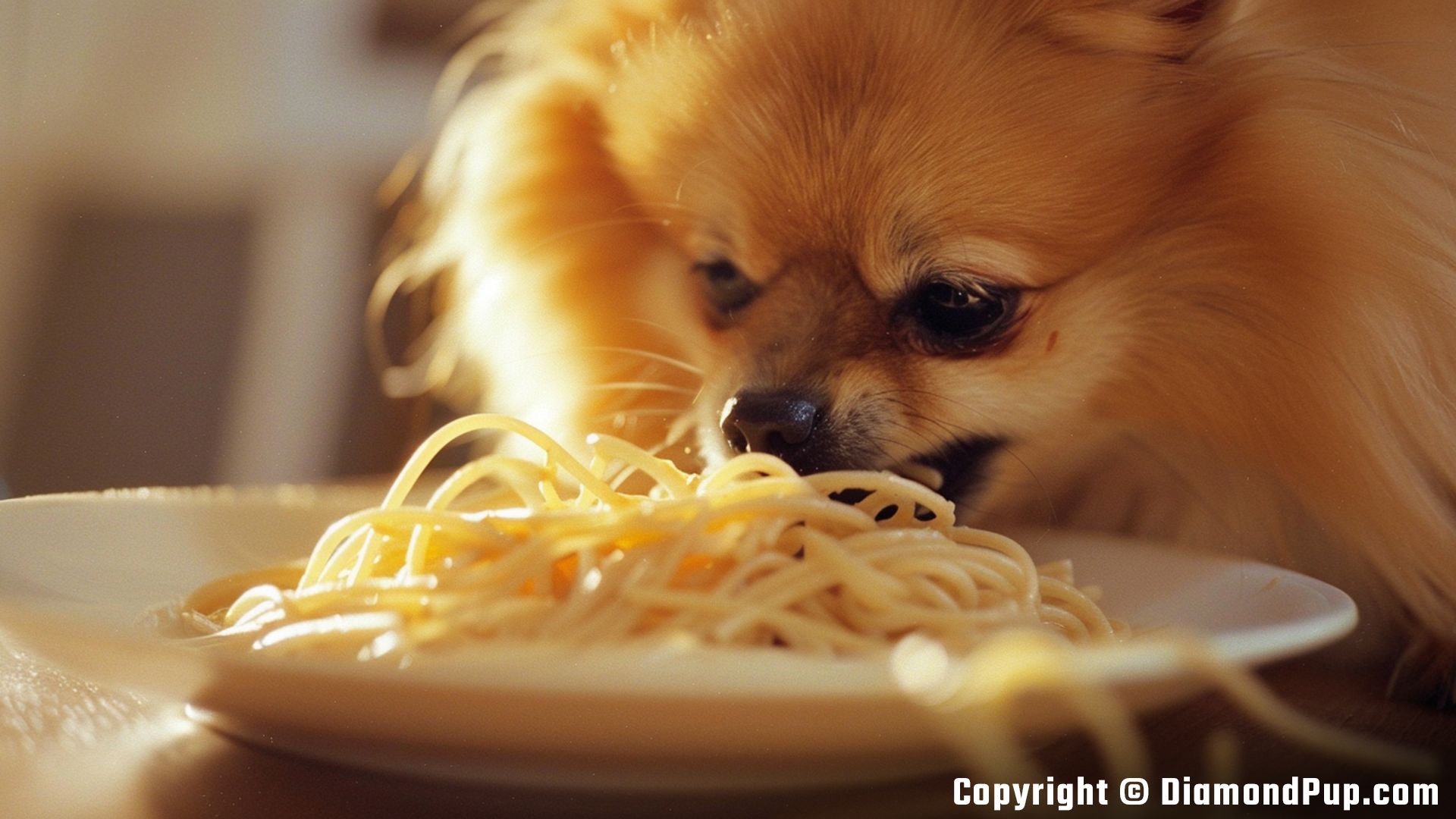Image of a Playful Pomeranian Snacking on Pasta