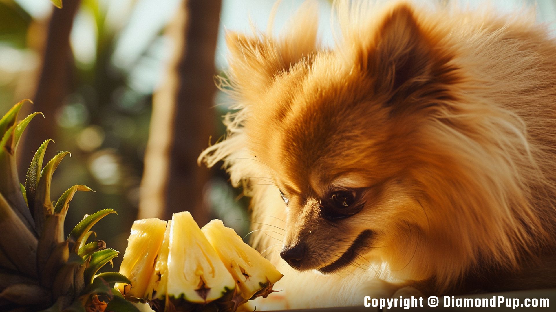 Image of a Playful Pomeranian Snacking on Pineapple