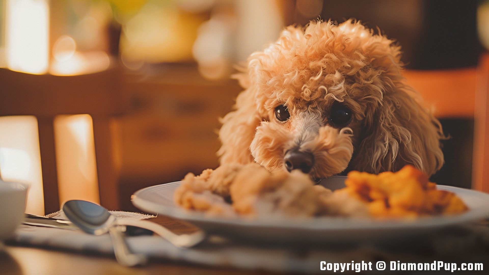 Image of a Playful Poodle Snacking on Chicken