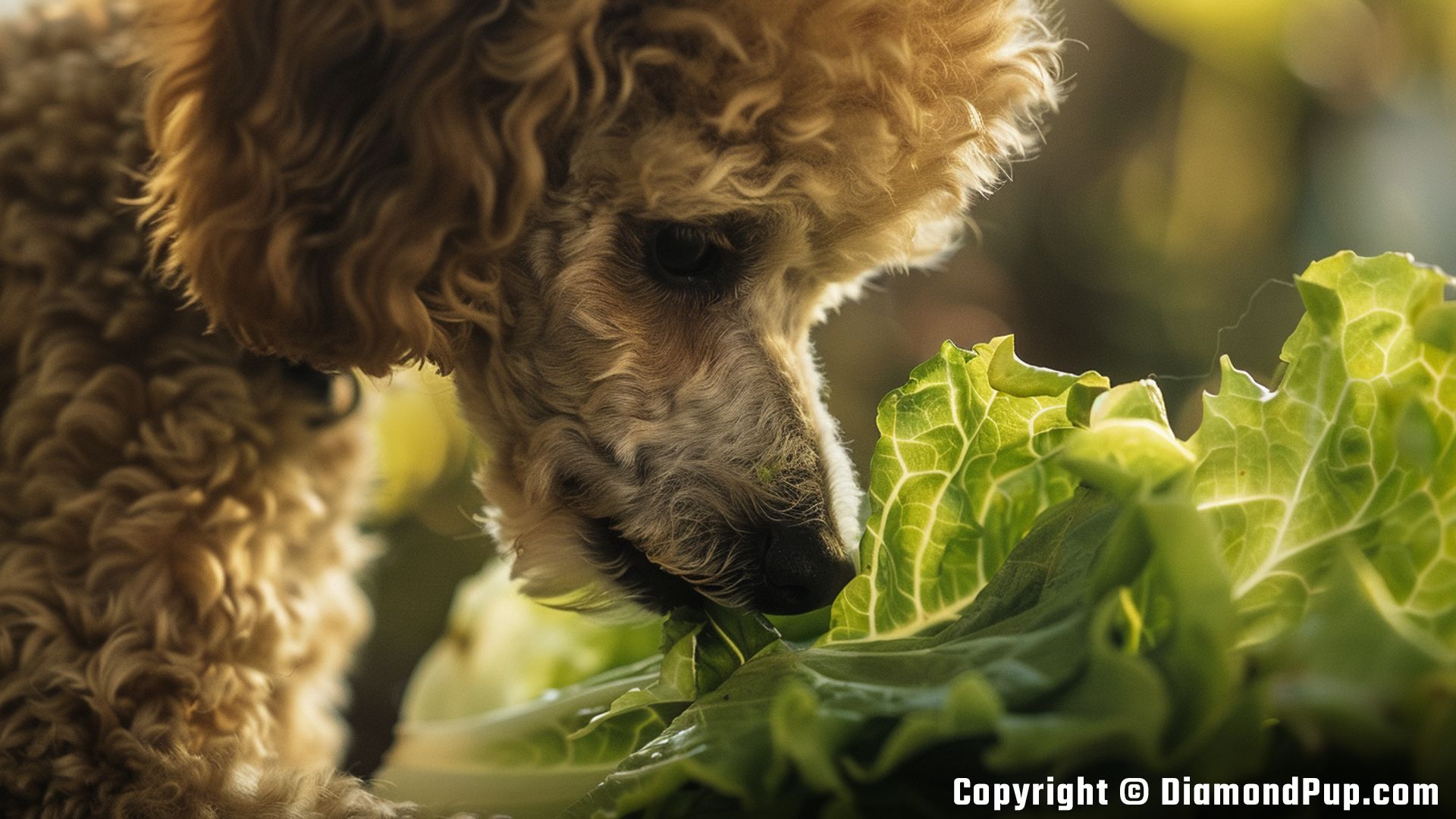 Image of a Playful Poodle Snacking on Lettuce