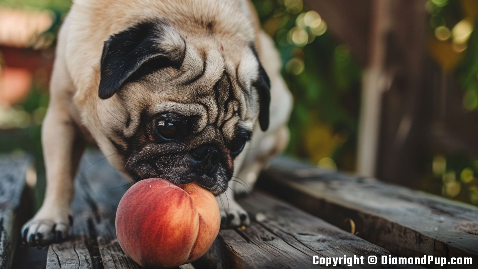 Image of a Playful Pug Eating Peaches
