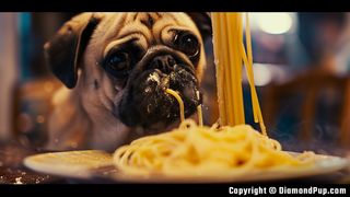 Image of a Playful Pug Snacking on Pasta