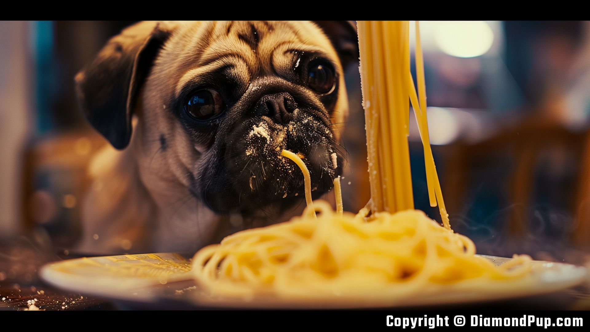 Image of a Playful Pug Snacking on Pasta