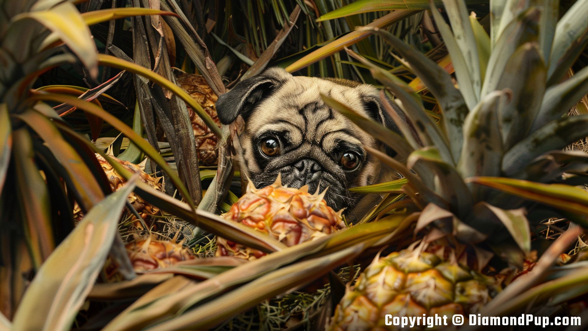 Image of a Playful Pug Snacking on Pineapple