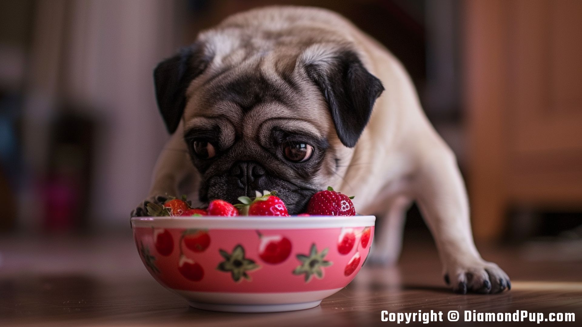 Image of a Playful Pug Snacking on Strawberries