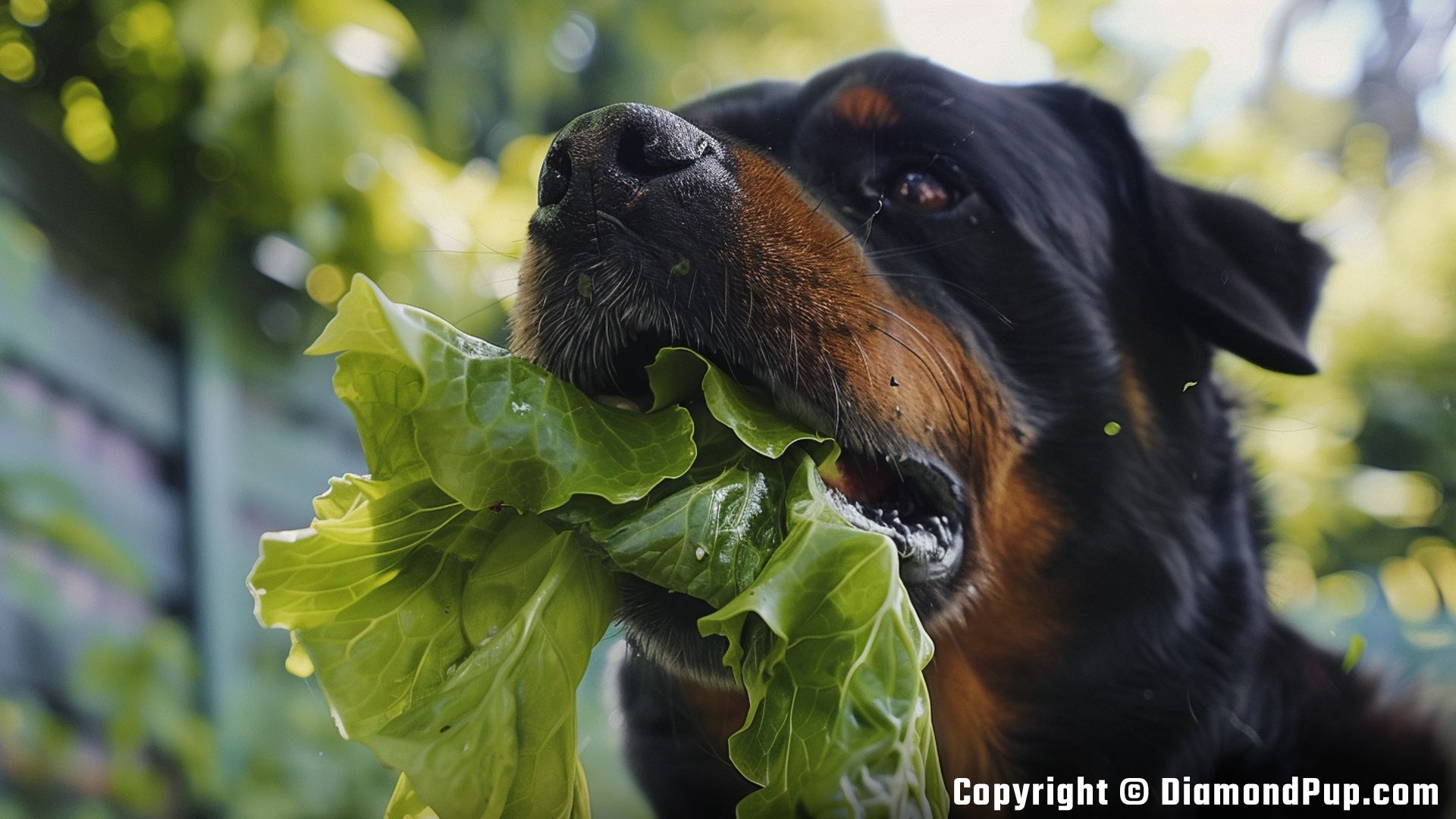 Image of a Playful Rottweiler Eating Lettuce