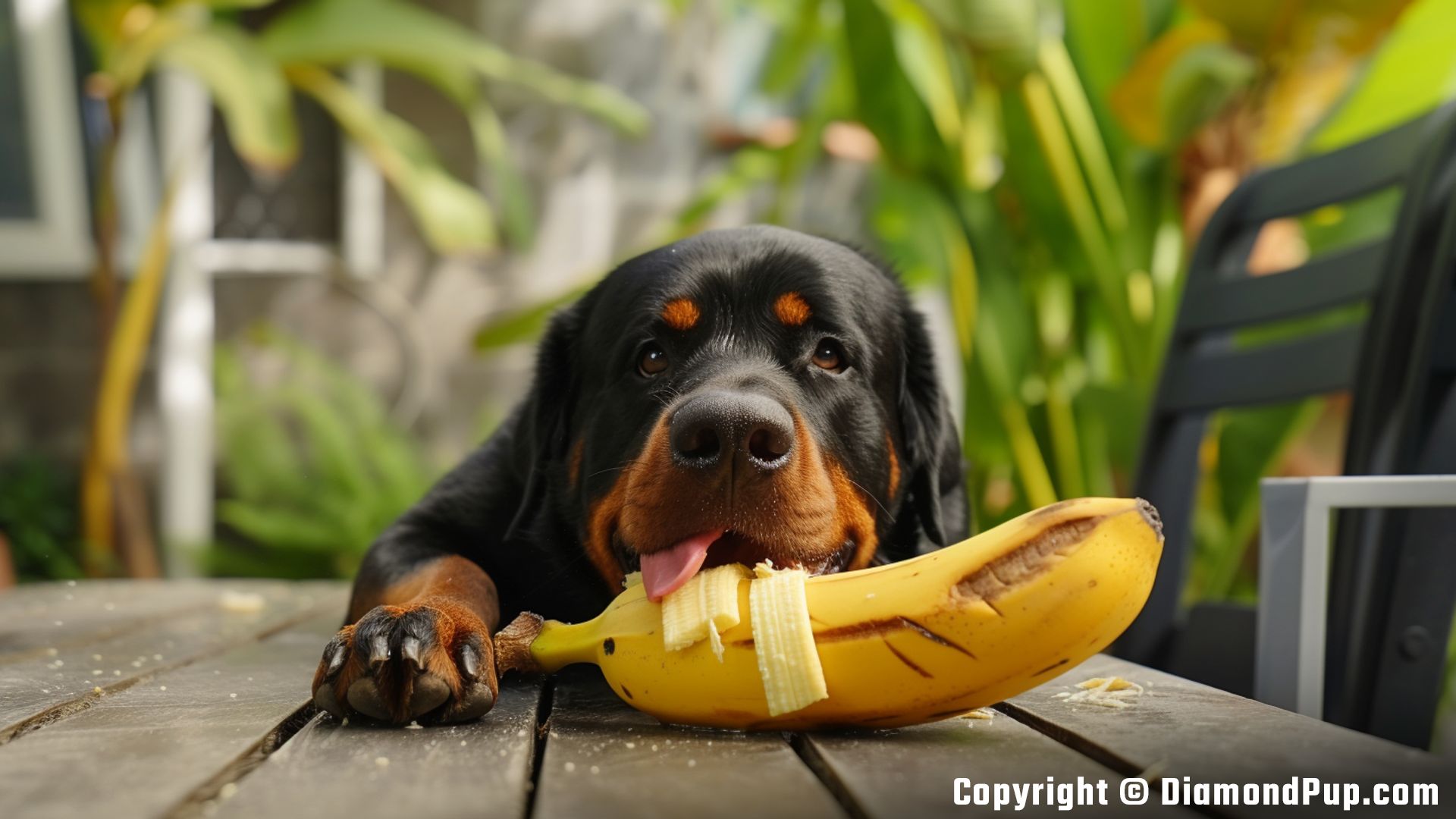 Image of a Playful Rottweiler Snacking on Banana