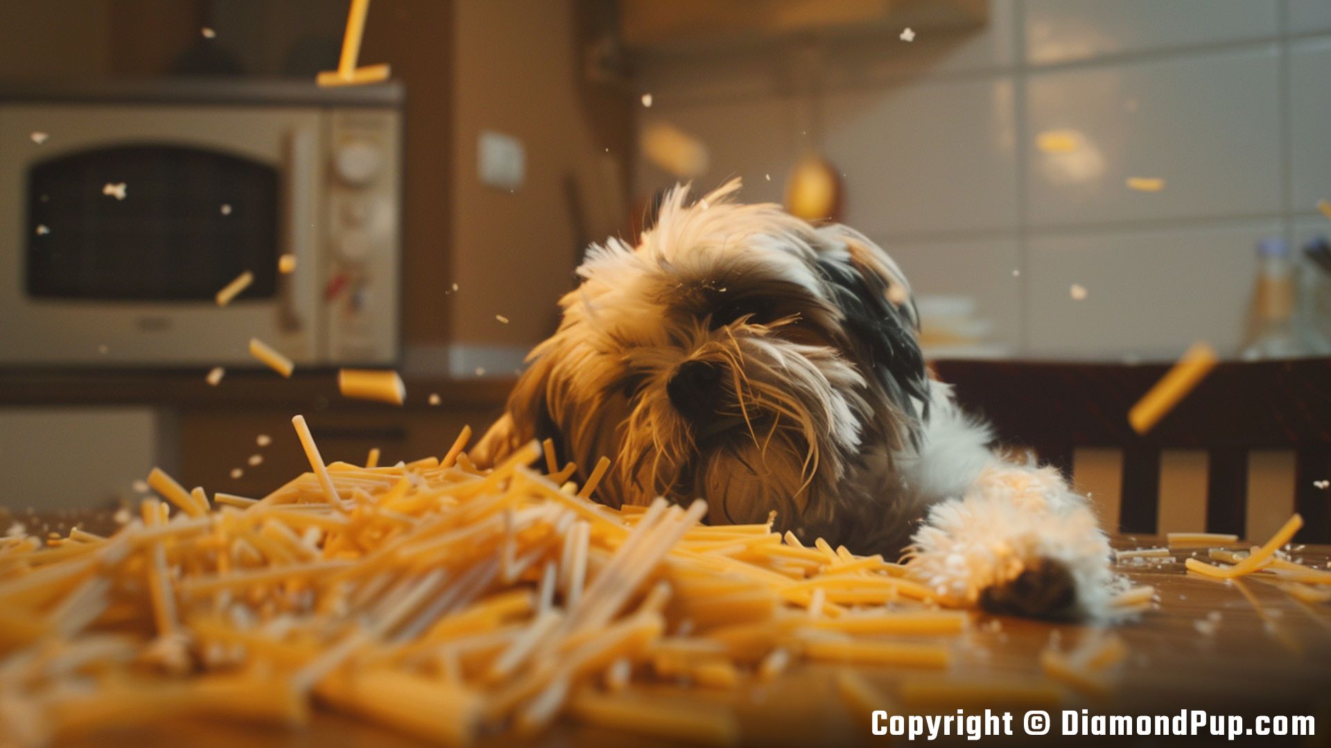 Image of a Playful Shih Tzu Eating Pasta