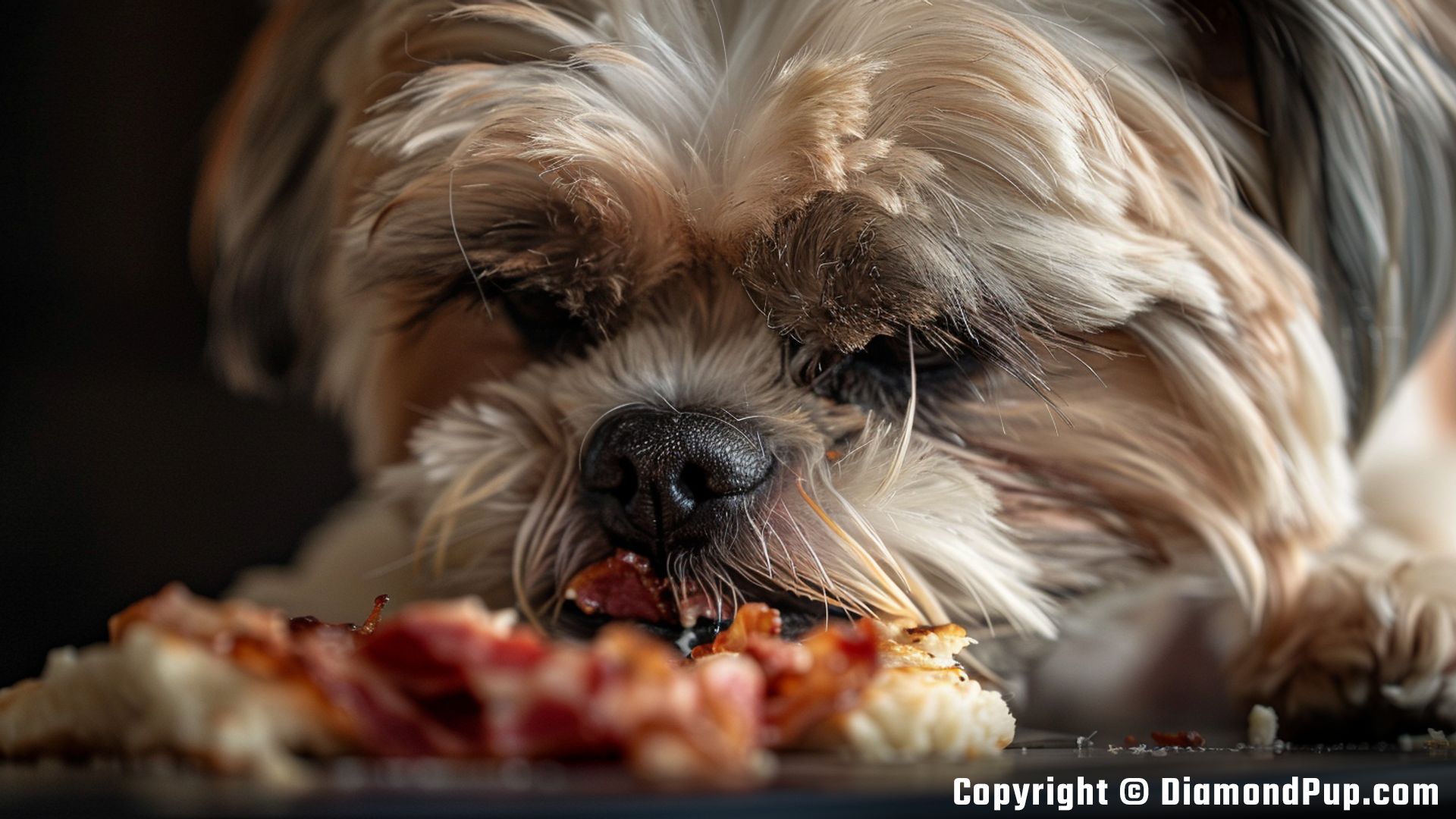Image of a Playful Shih Tzu Snacking on Bacon