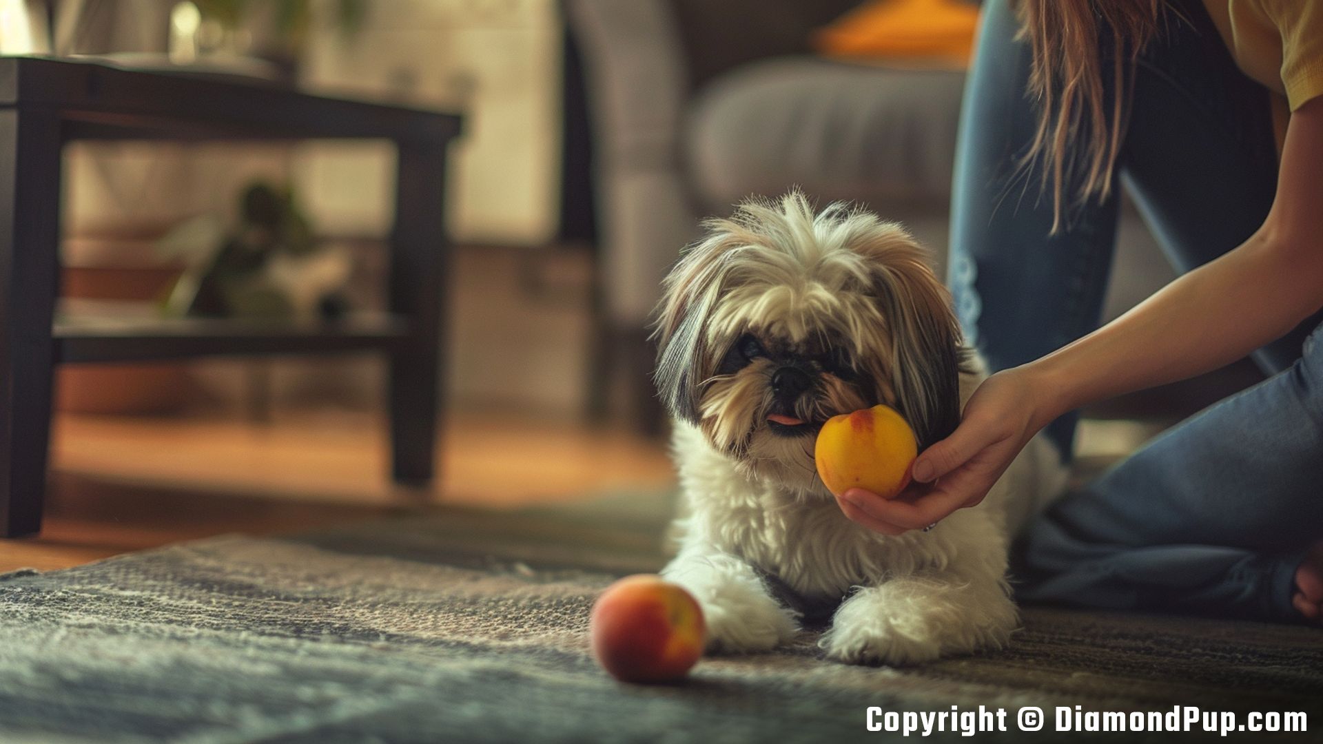 Image of a Playful Shih Tzu Snacking on Peaches