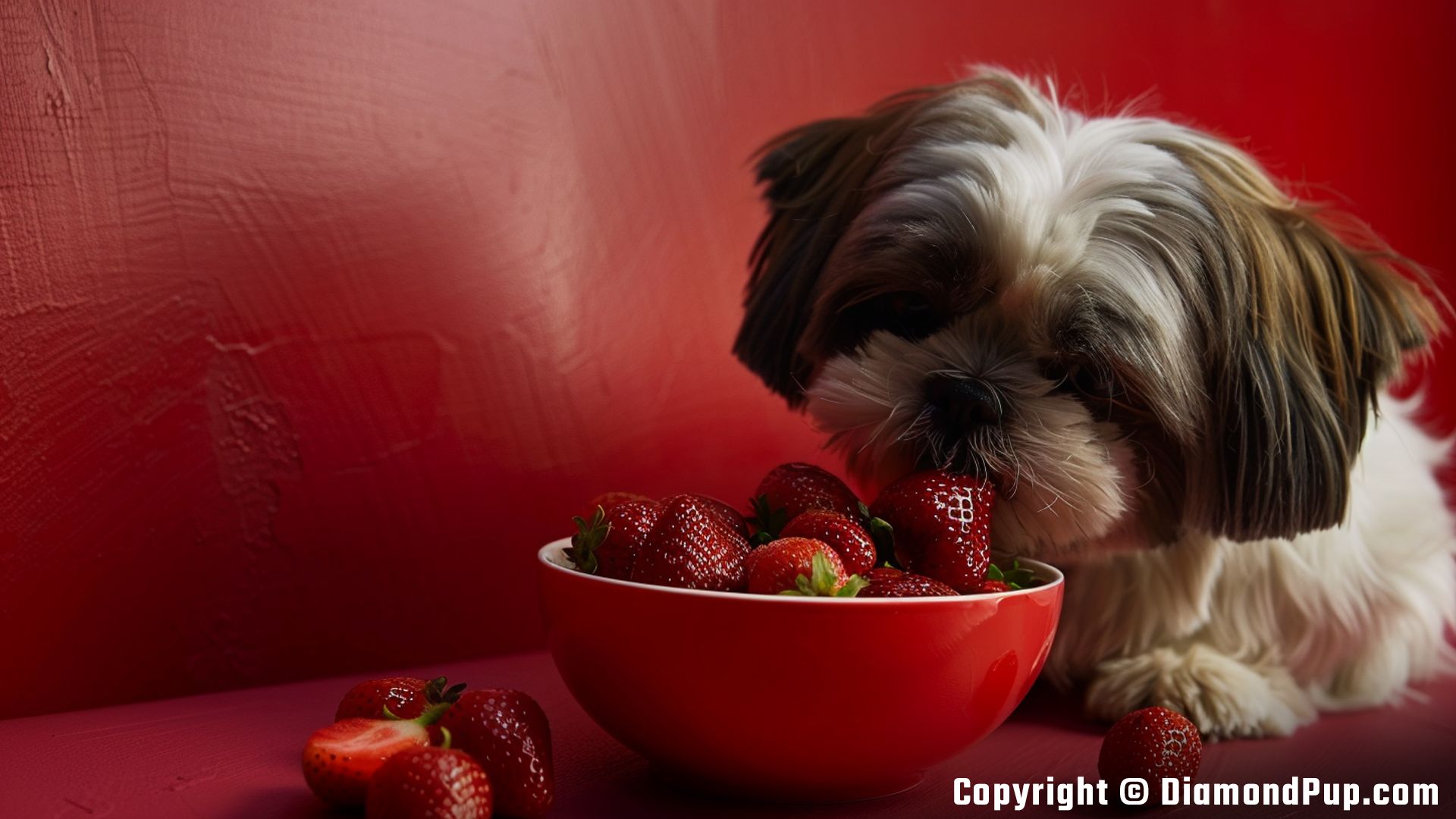 Image of a Playful Shih Tzu Snacking on Strawberries