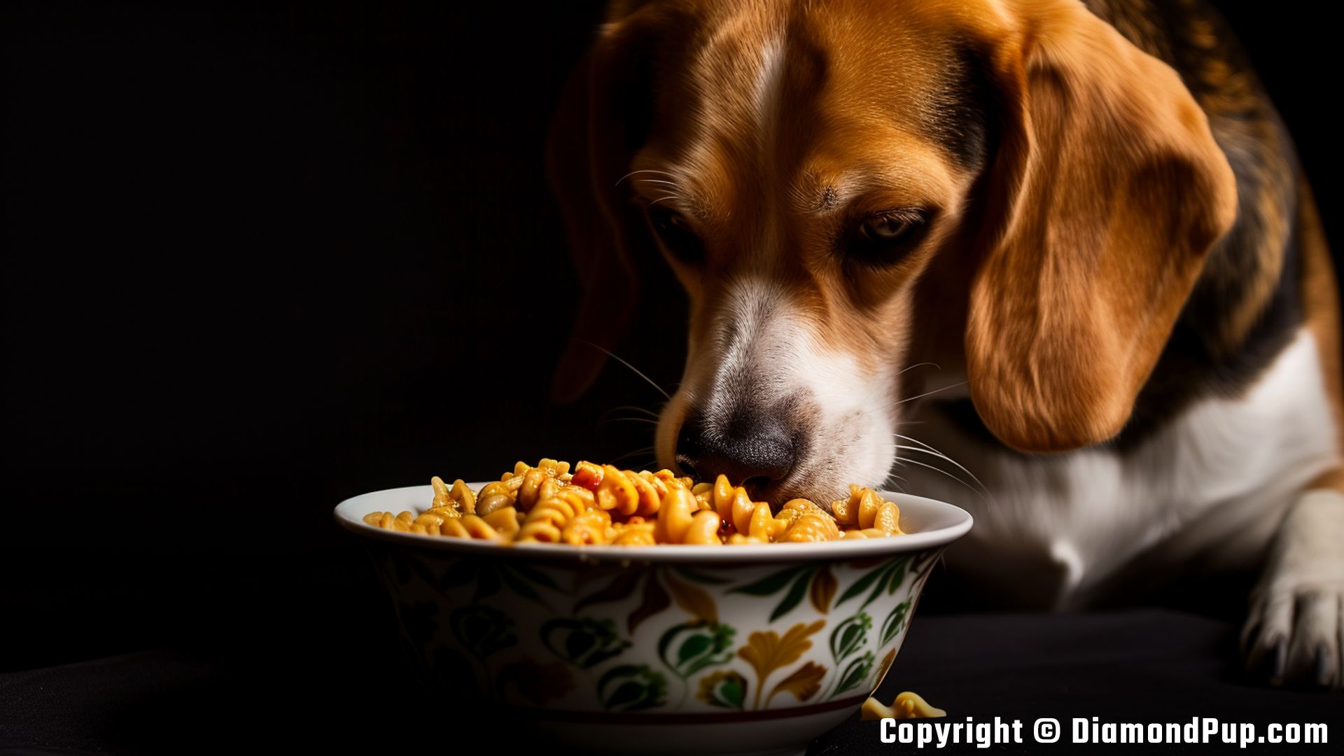 Image of an Adorable Beagle Snacking on Pasta
