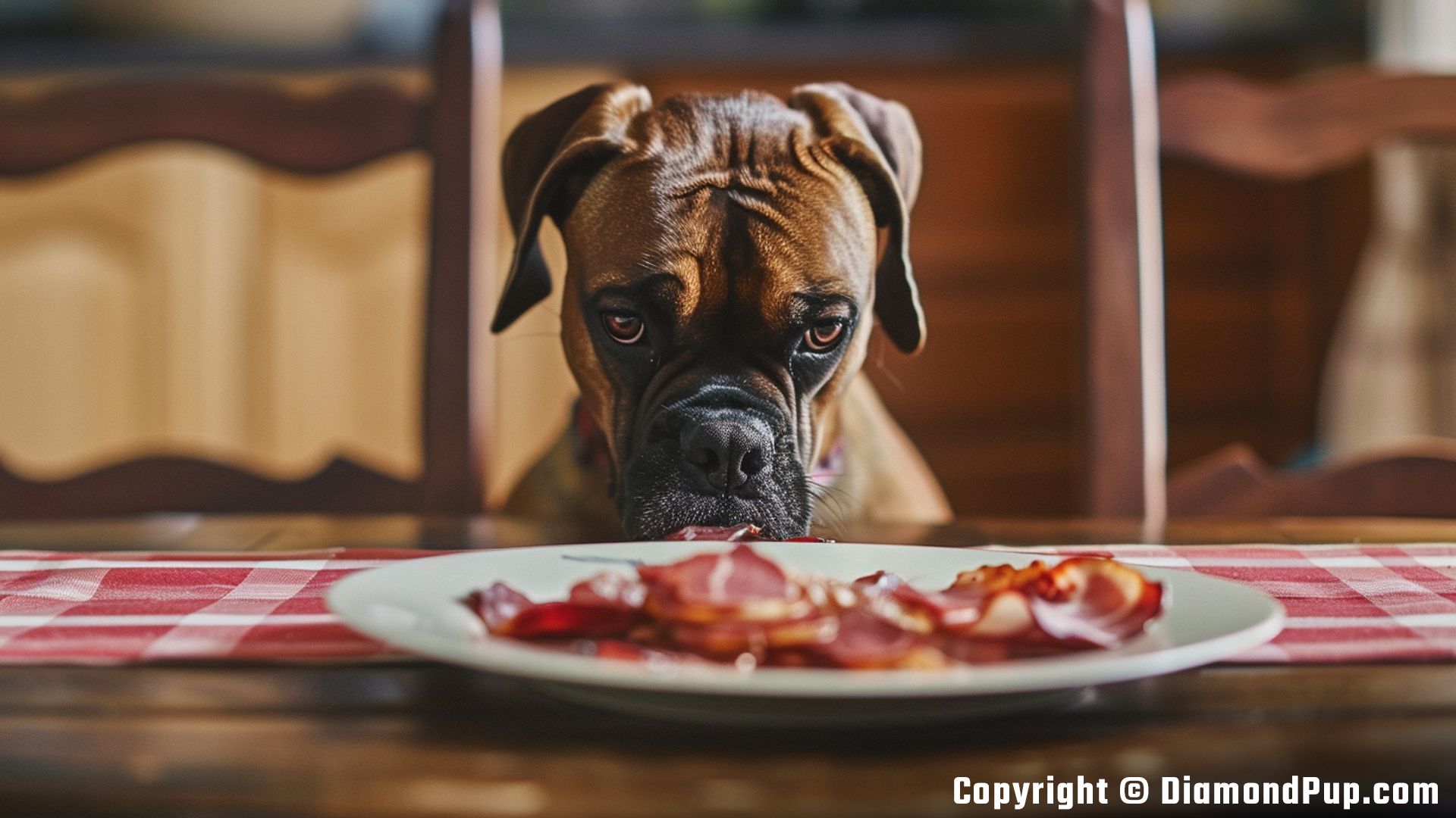 Image of an Adorable Boxer Eating Bacon