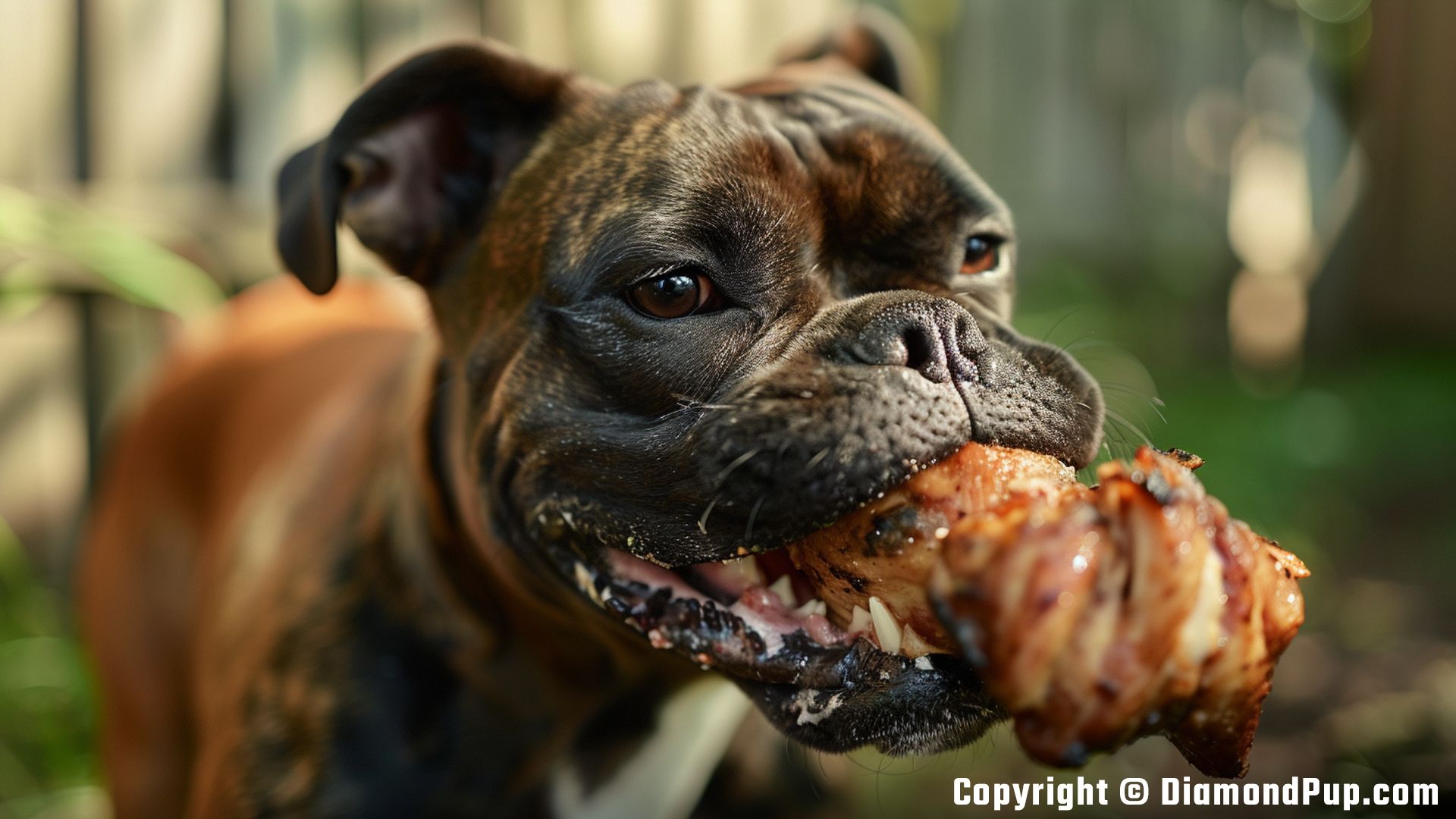 Image of an Adorable Boxer Eating Chicken