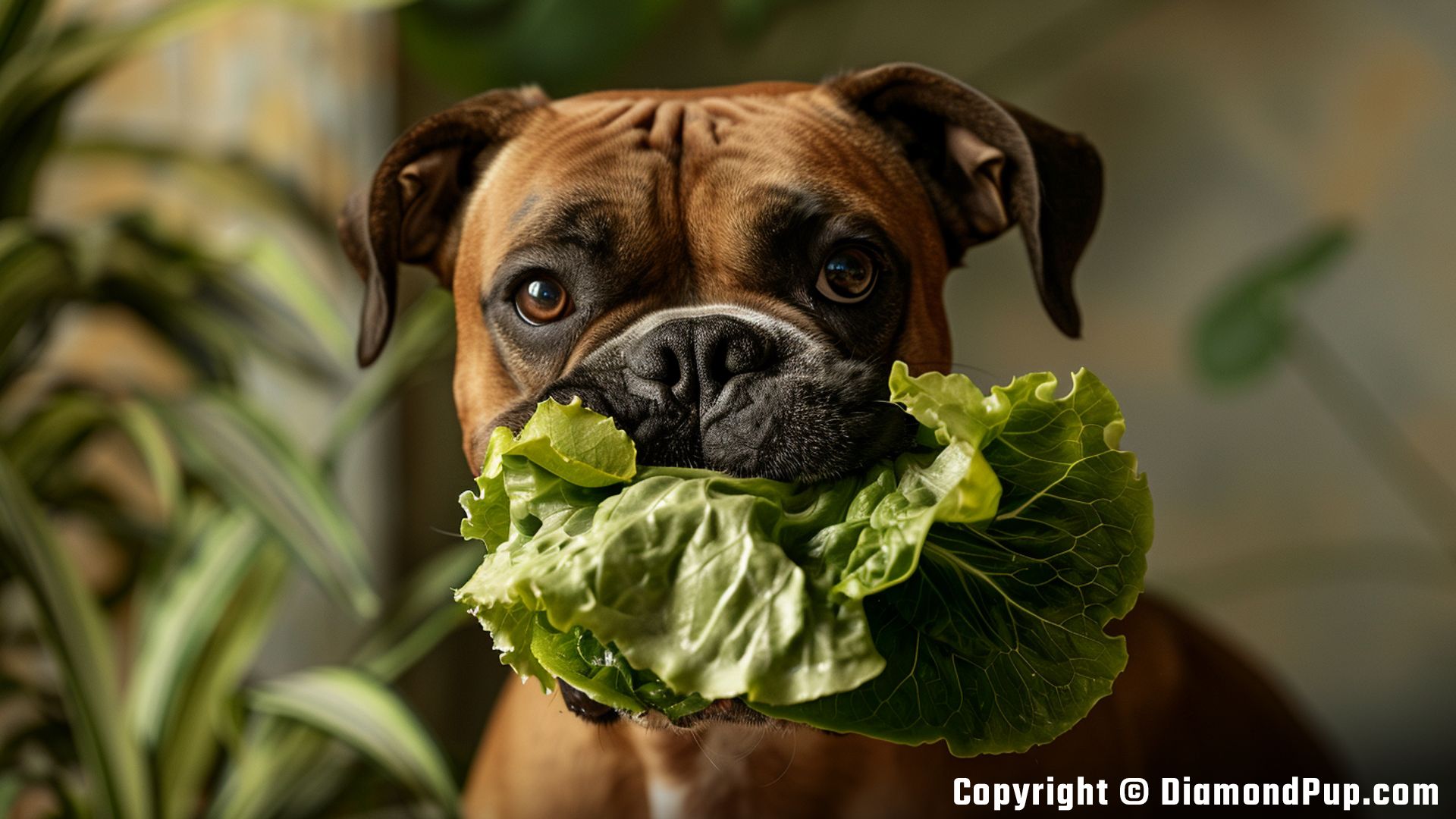Image of an Adorable Boxer Eating Lettuce