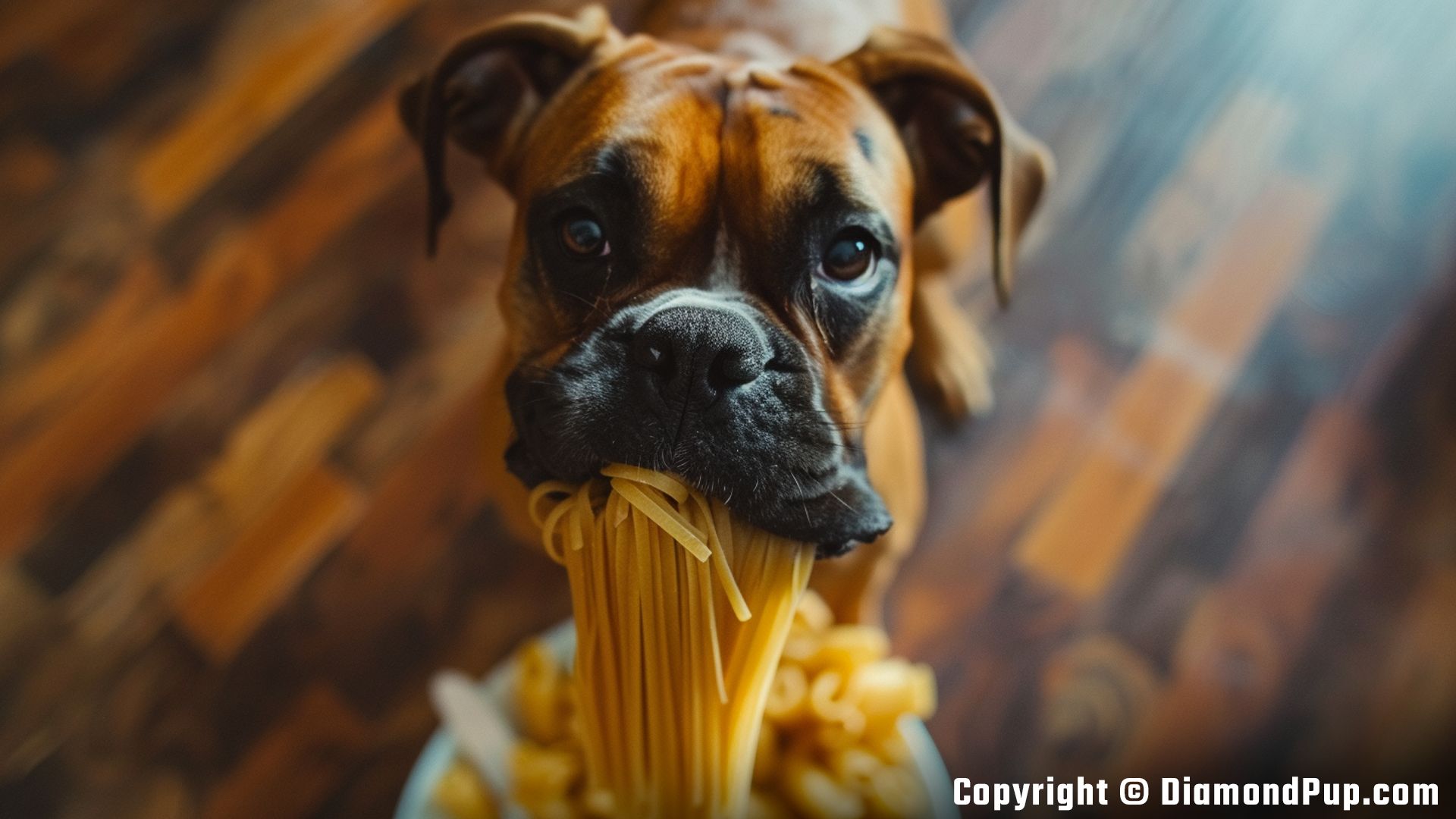 Image of an Adorable Boxer Eating Pasta