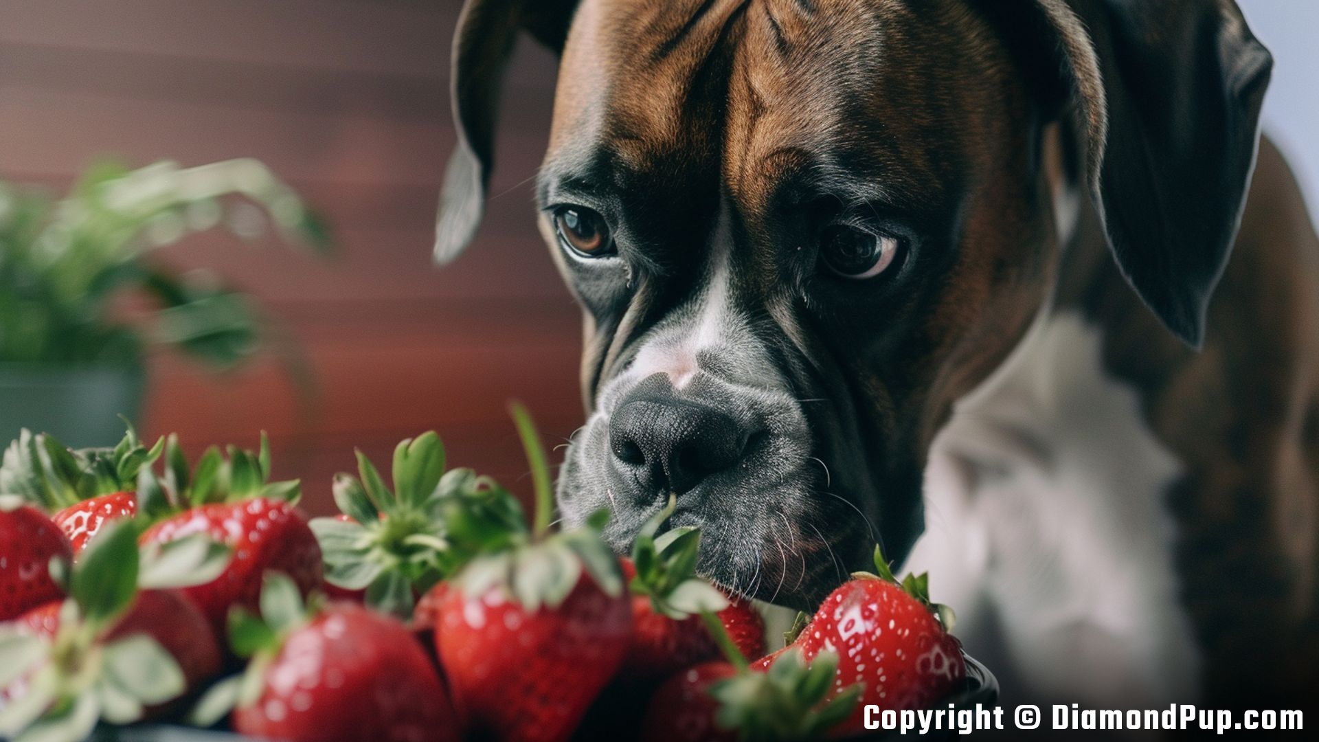 Image of an Adorable Boxer Eating Strawberries