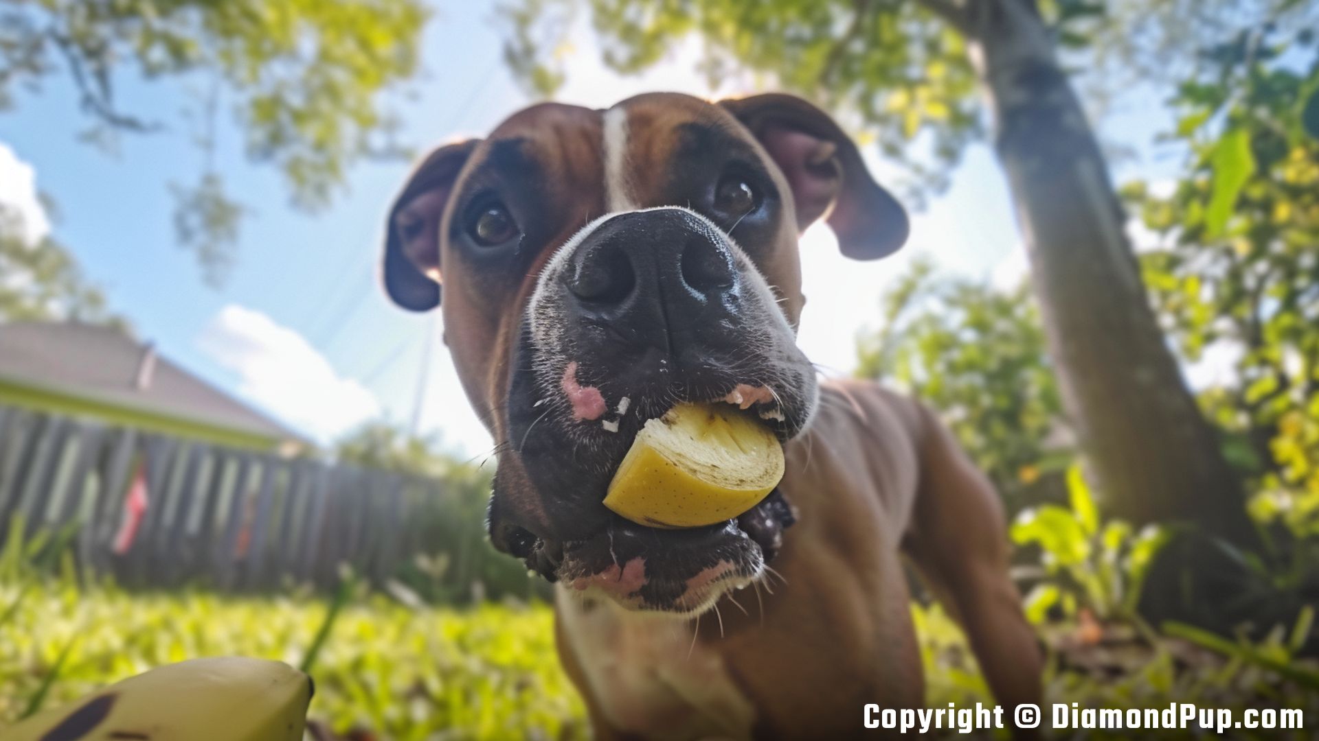 Image of an Adorable Boxer Snacking on Banana