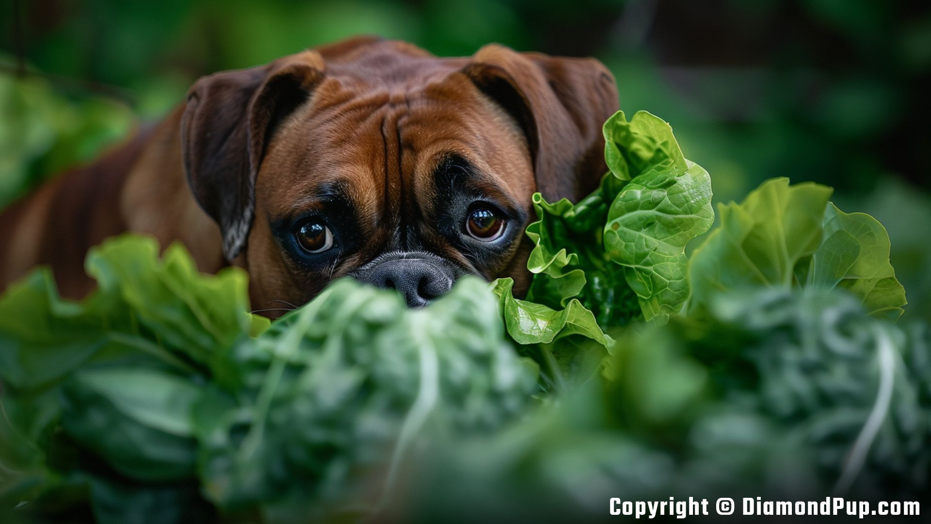 Image of an Adorable Boxer Snacking on Lettuce