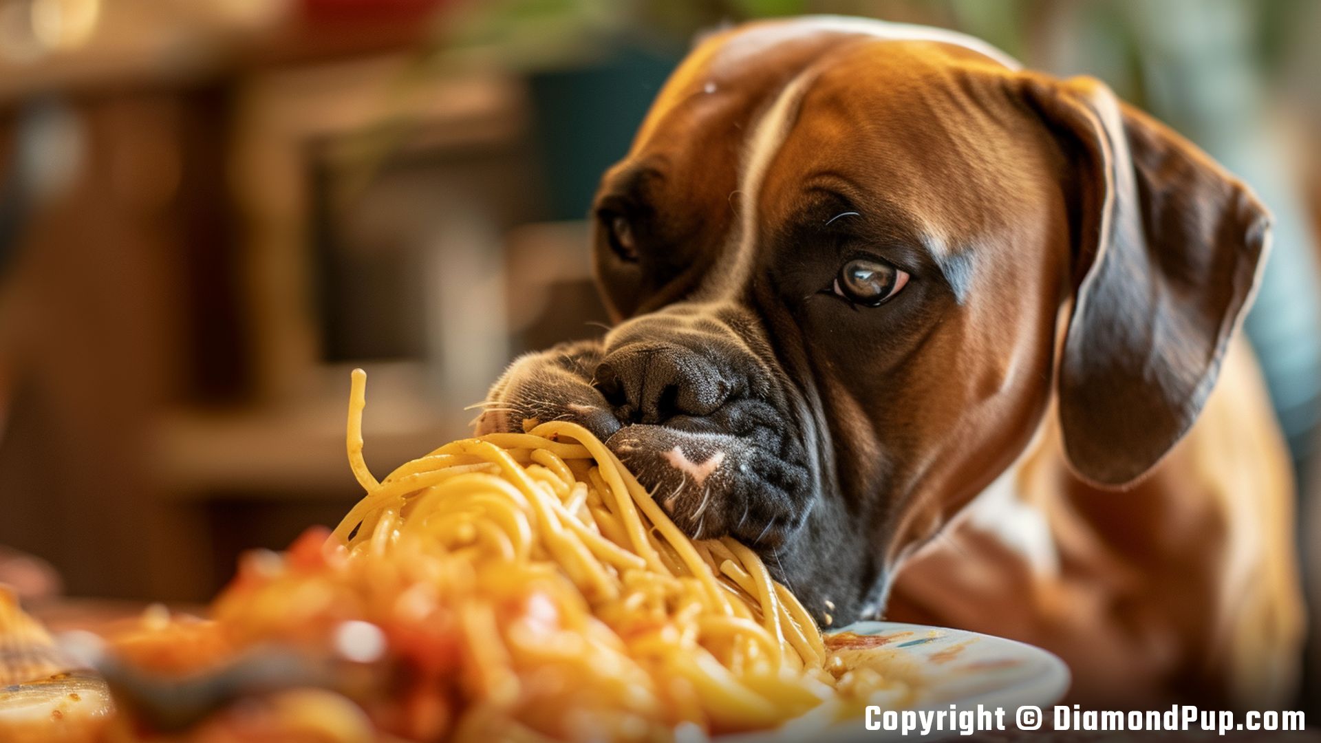 Image of an Adorable Boxer Snacking on Pasta