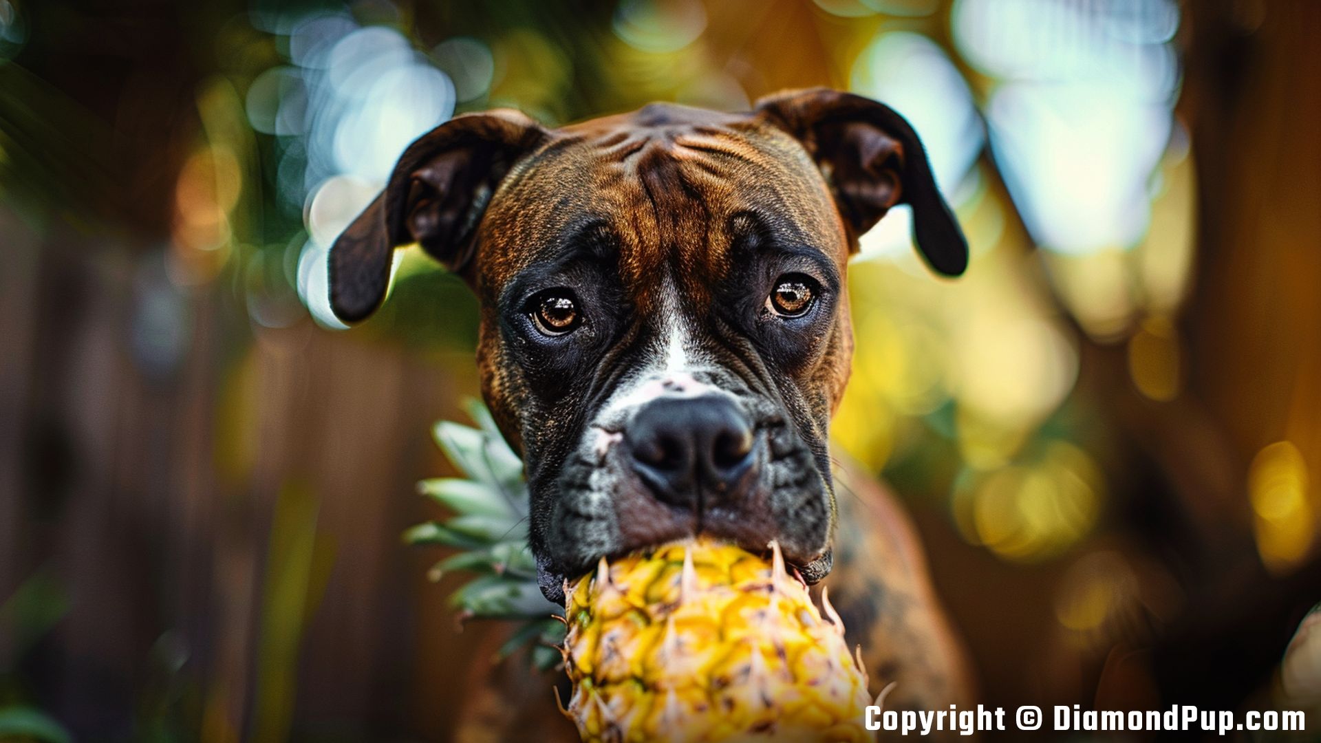 Image of an Adorable Boxer Snacking on Pineapple