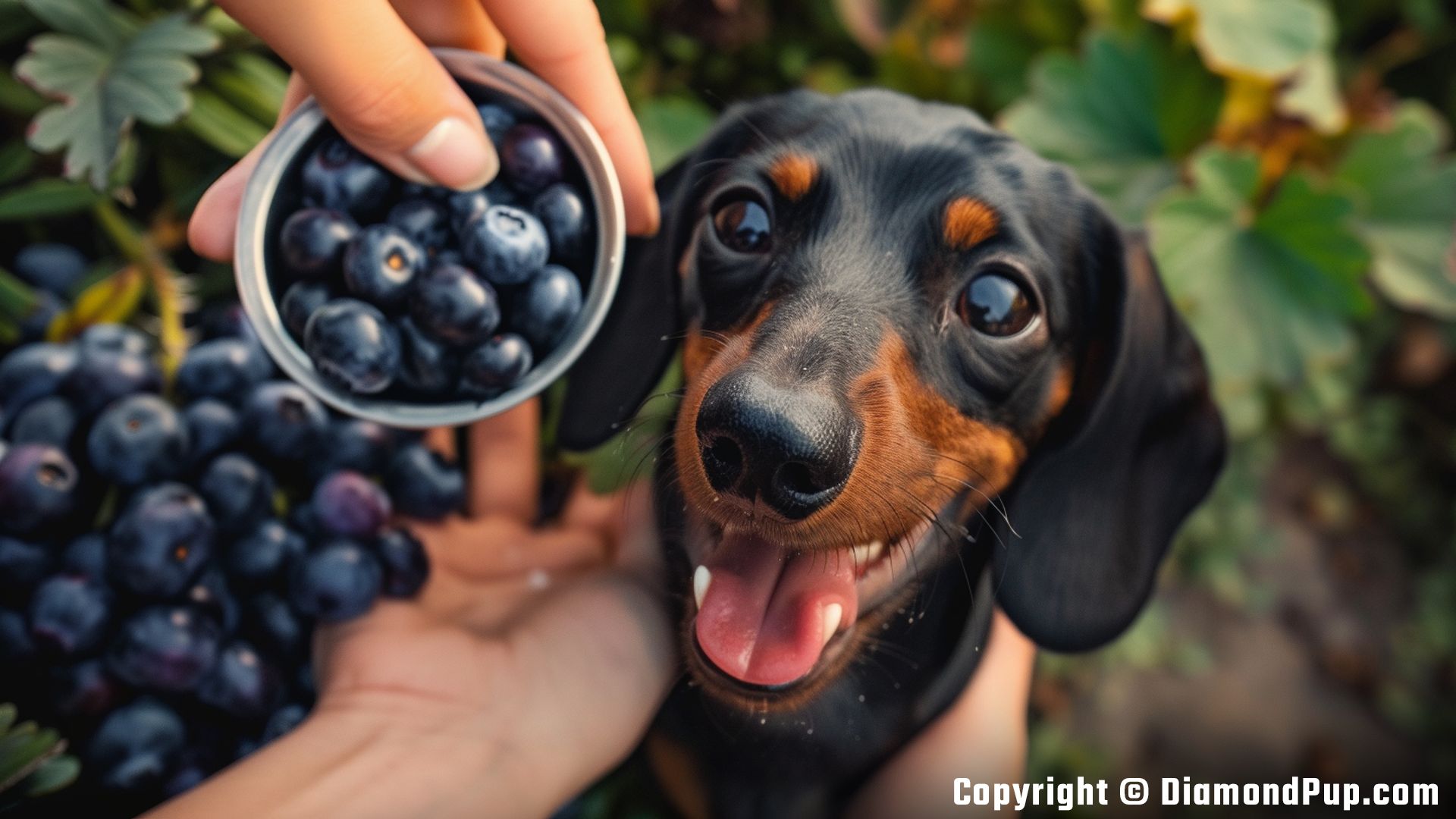 Image of an Adorable Dachshund Eating Blueberries