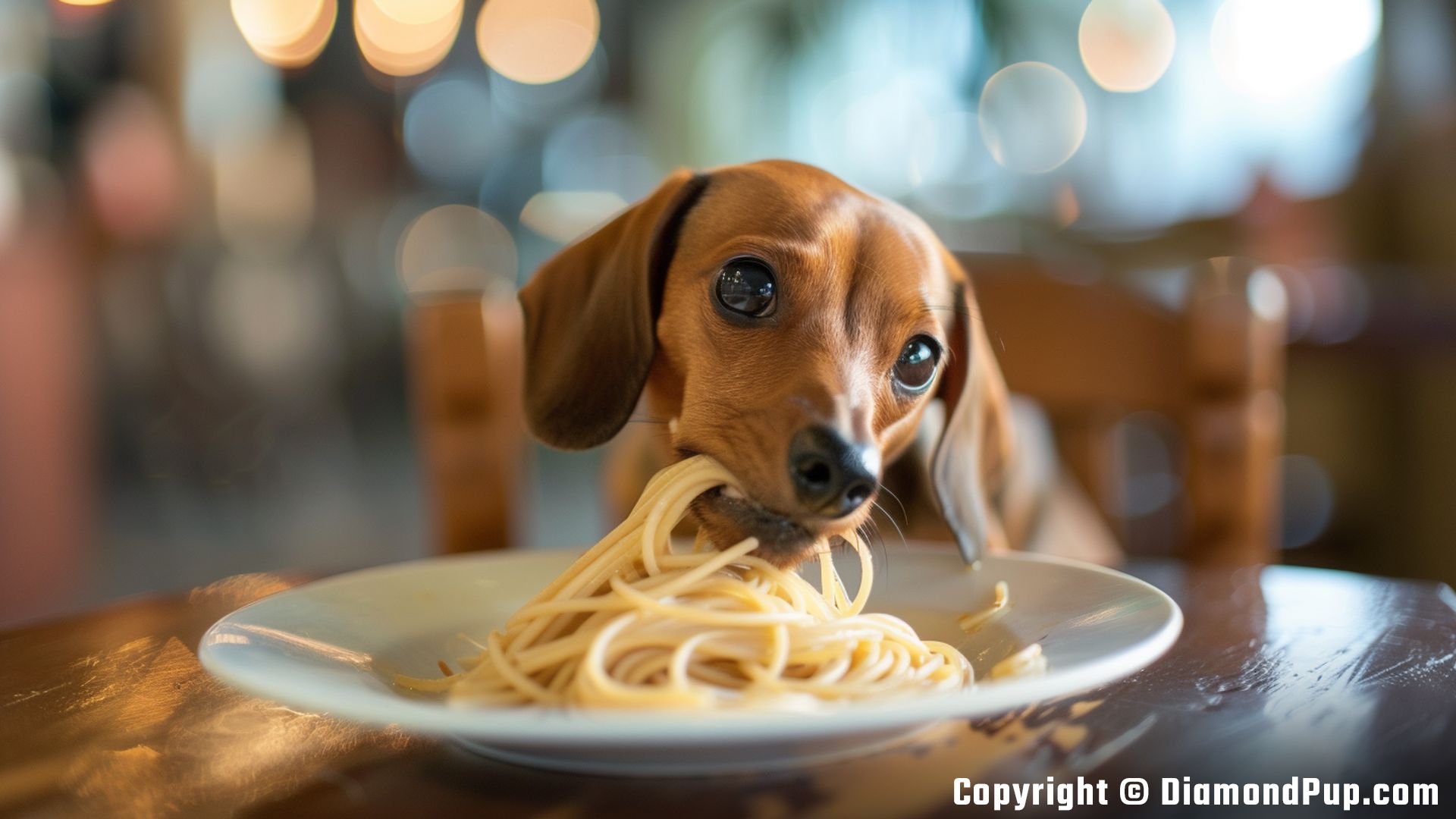 Image of an Adorable Dachshund Eating Pasta