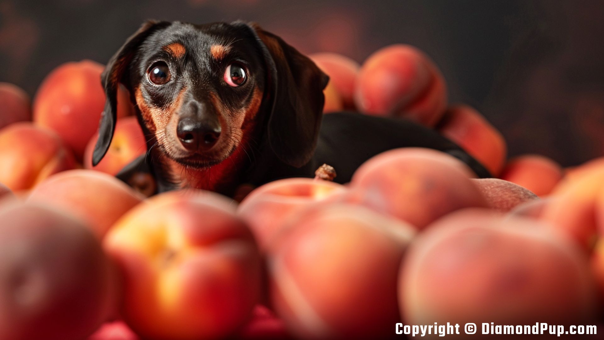 Image of an Adorable Dachshund Eating Peaches
