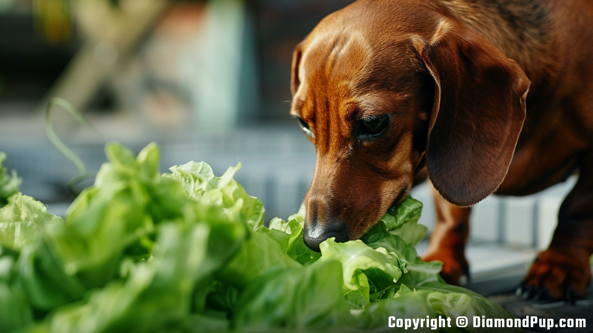 Image of an Adorable Dachshund Snacking on Lettuce