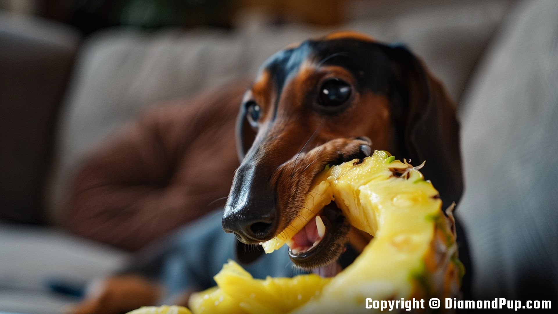 Image of an Adorable Dachshund Snacking on Pineapple