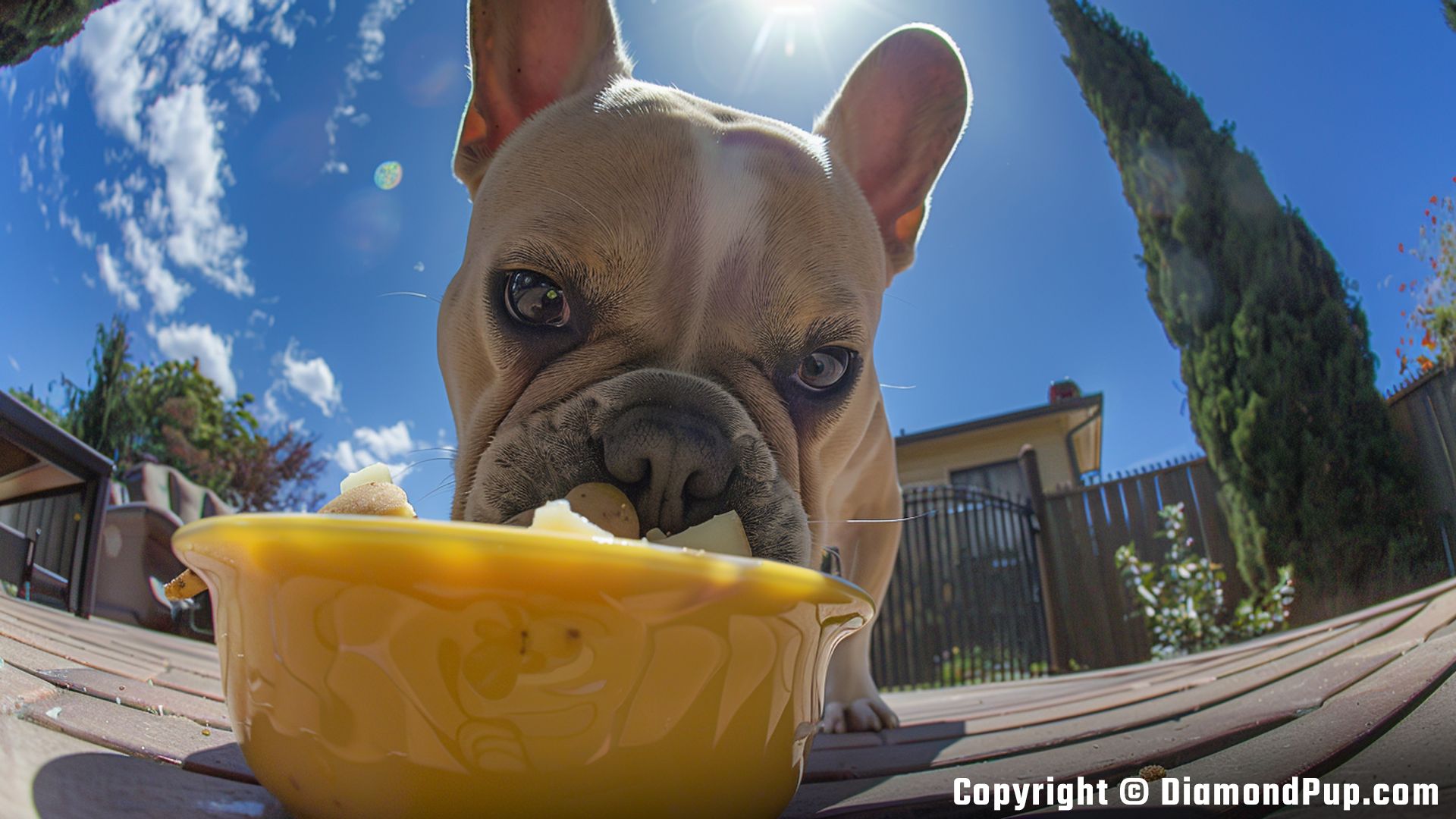 Image of an Adorable French Bulldog Snacking on Potato