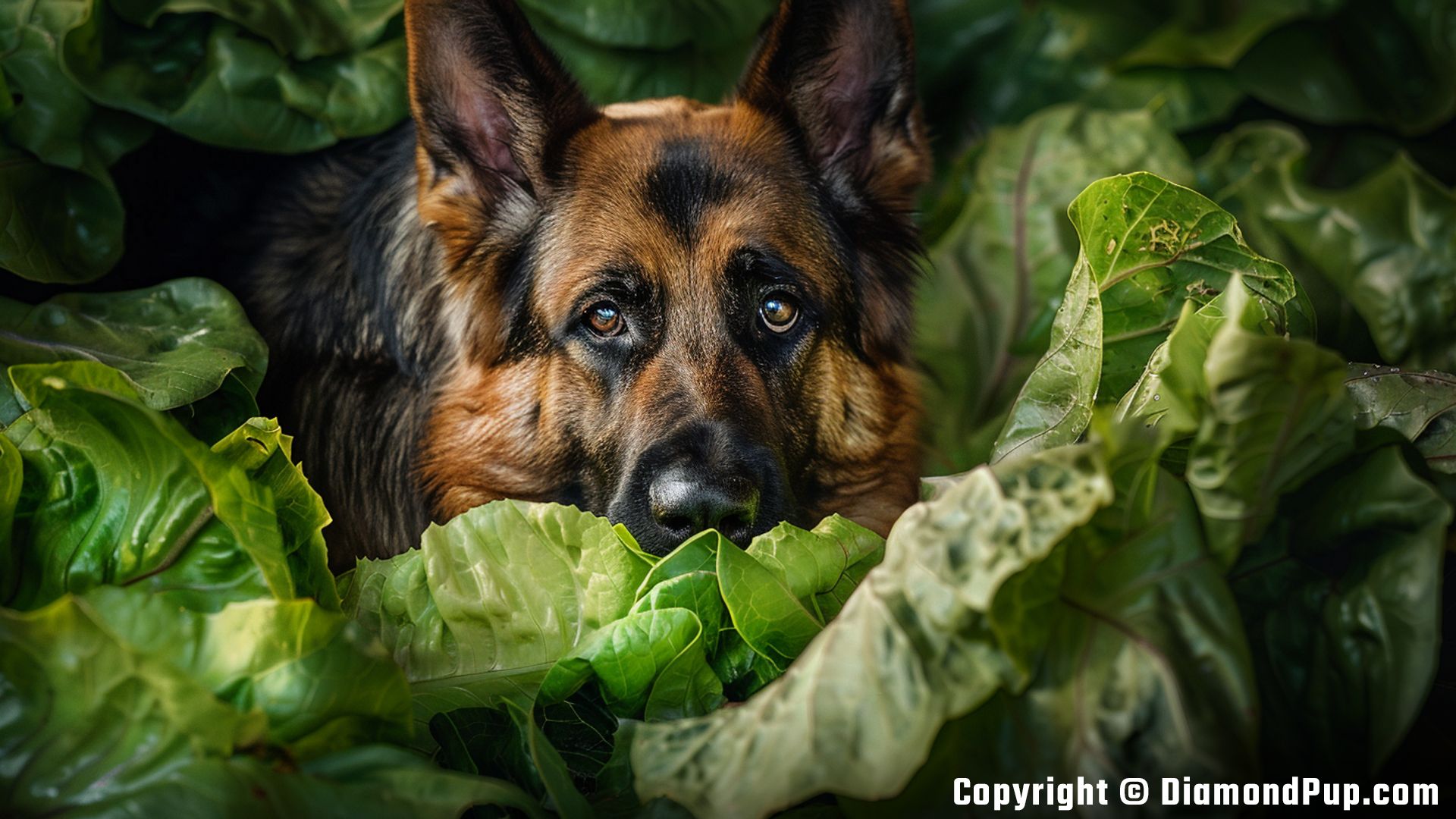 Image of an Adorable German Shepherd Eating Lettuce