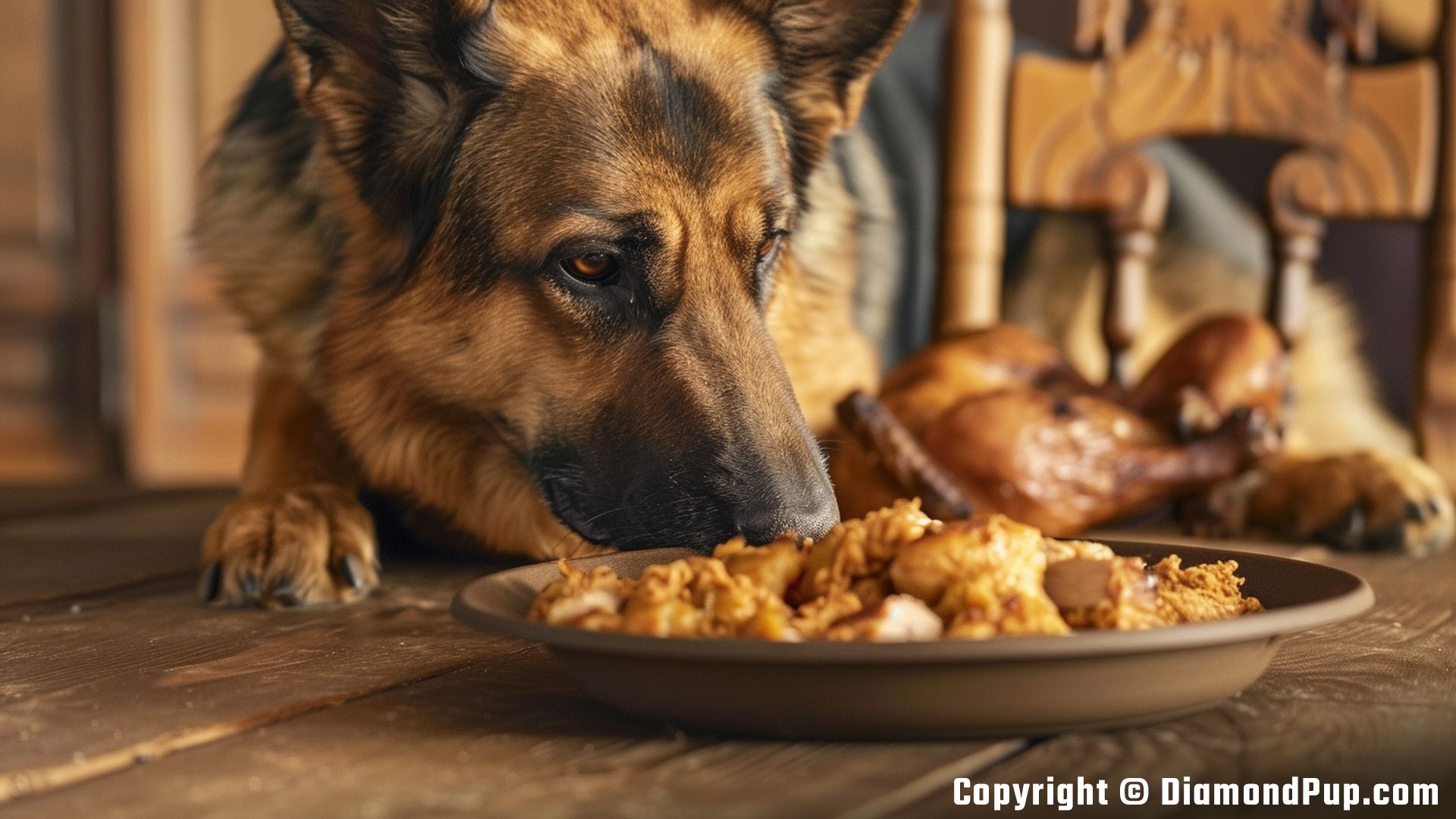 Image of an Adorable German Shepherd Snacking on Chicken