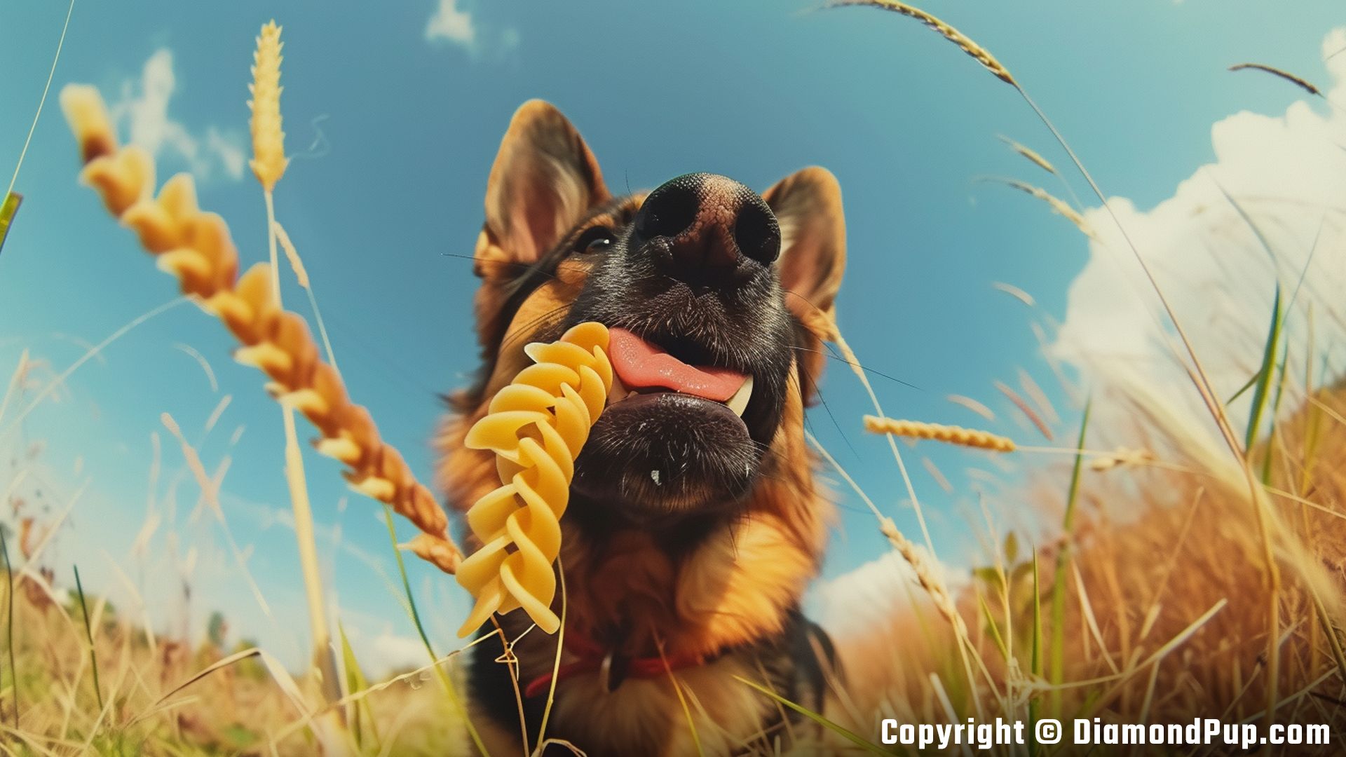 Image of an Adorable German Shepherd Snacking on Pasta