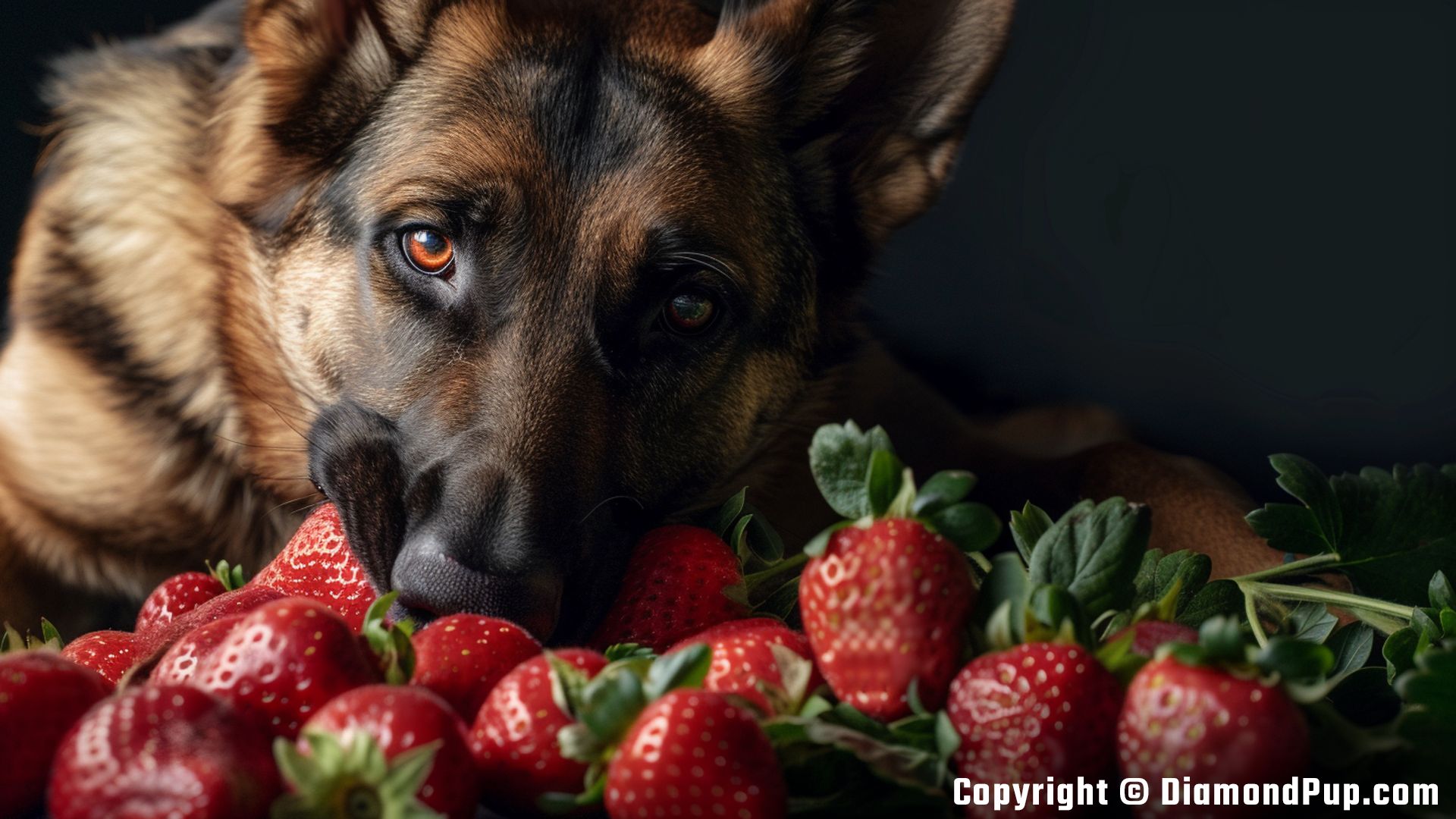 Image of an Adorable German Shepherd Snacking on Strawberries