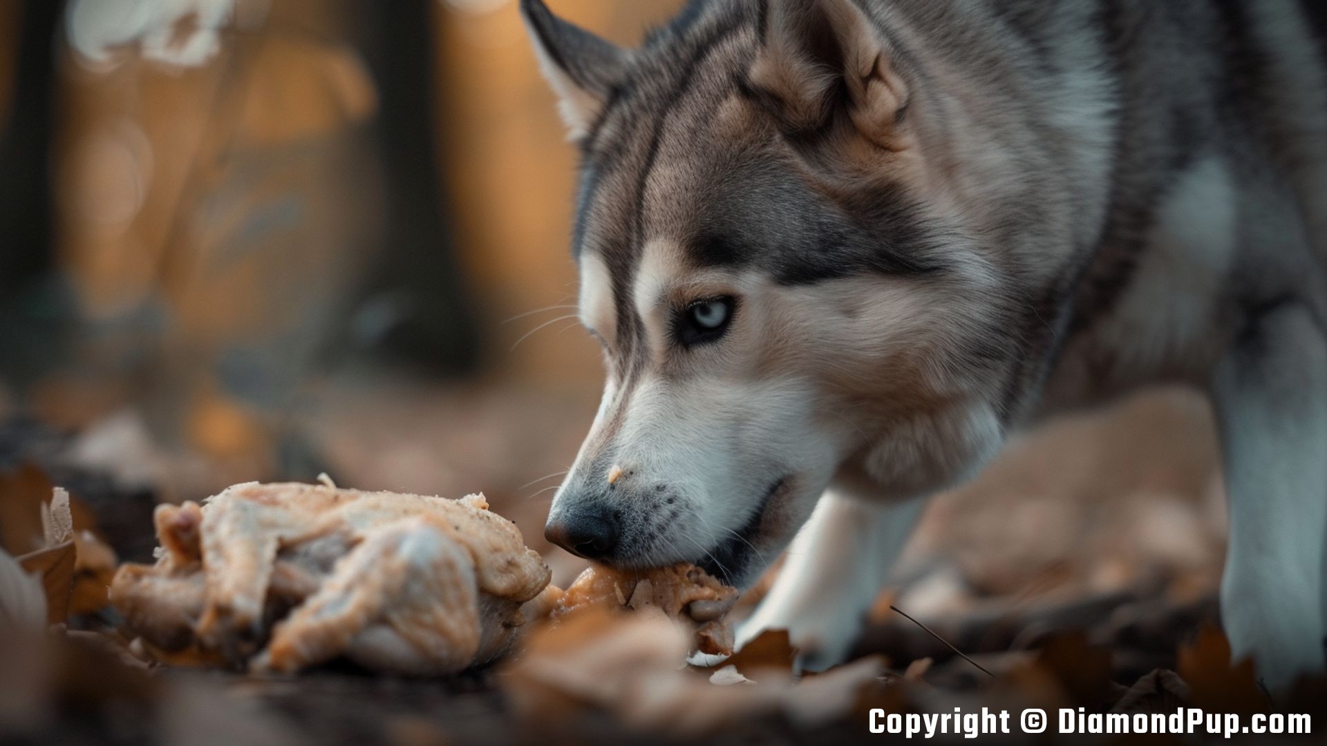 Image of an Adorable Husky Snacking on Chicken